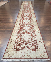 21 ft Runner Rug Long Hallway Runner, 3 x 21 Corridor Rug, Peshawar Pak Persian Chobi Agra Rug, Maroon and Beige Large Flowers Wool Handmade