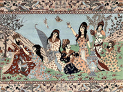 Indo Persian Pictorial Rug 4x7, Handmade Hand Knotted Wool Semi Antique Horizontal Carpet, Men & Women Drinking, Fine Rug, Bird Pictorials