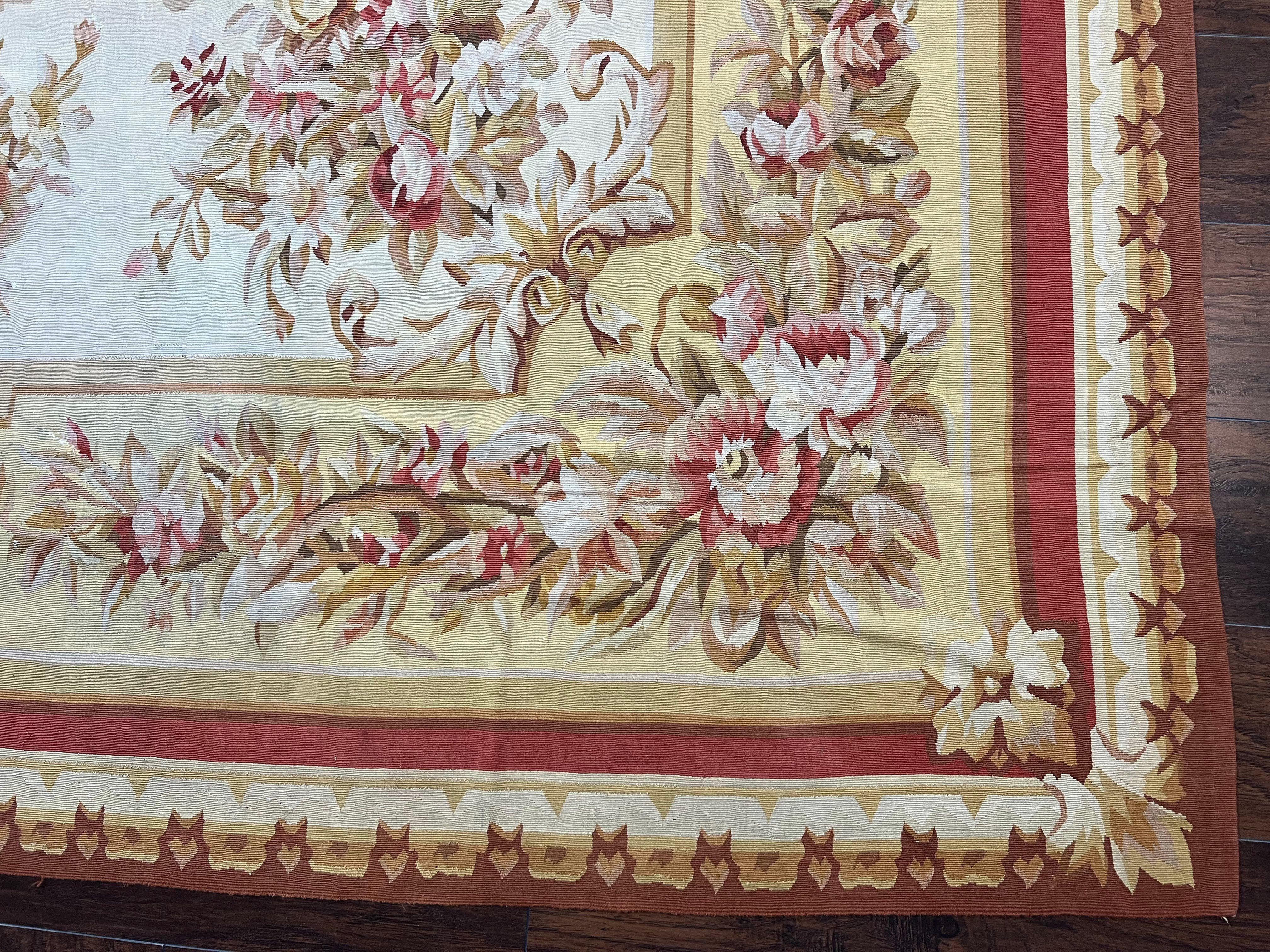 Aubusson Rug 9x12, Elegant Flatweave Savonnerie Carpet 9 x 12 ft, Ivory Light Yellow Red, Handmade Wool Flatweave French European Rug