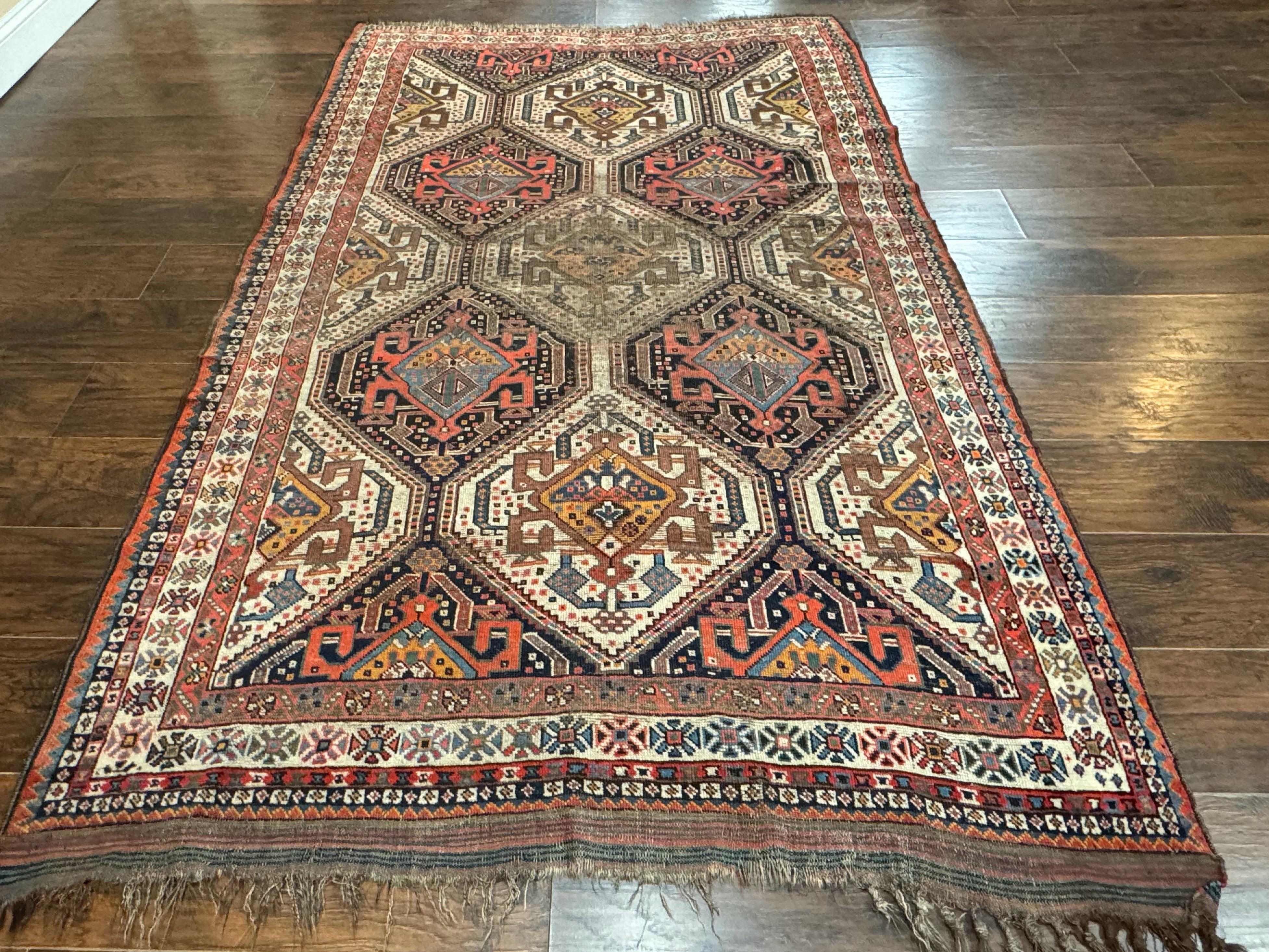 Antique Persian Qashqai Rug 5x8, Persian Tribal Rug, Khamseh Rug