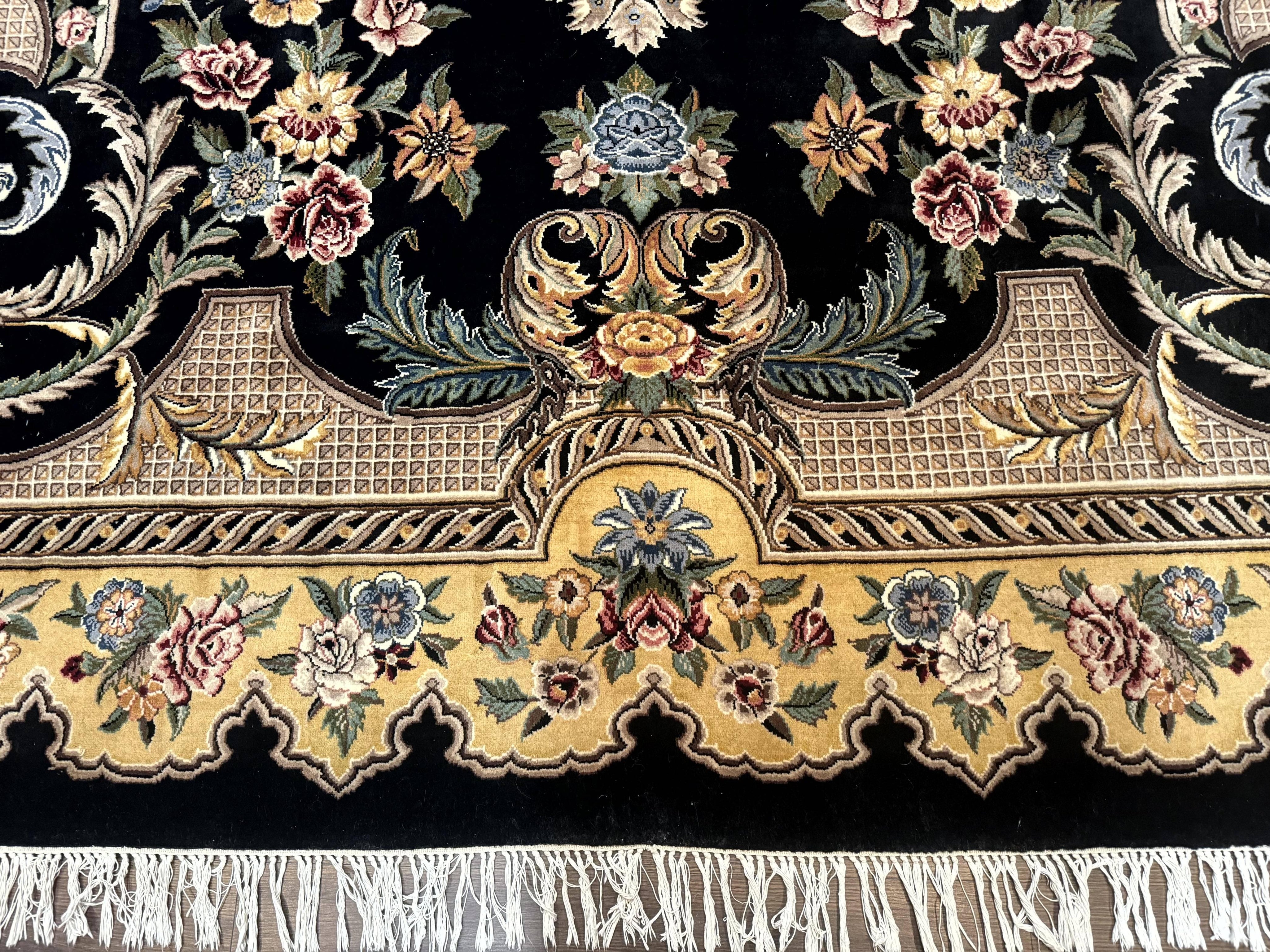 Aubusson Rug 9x12, Black and Beige, Floral, Elegant Handmade French European Design Carpet
