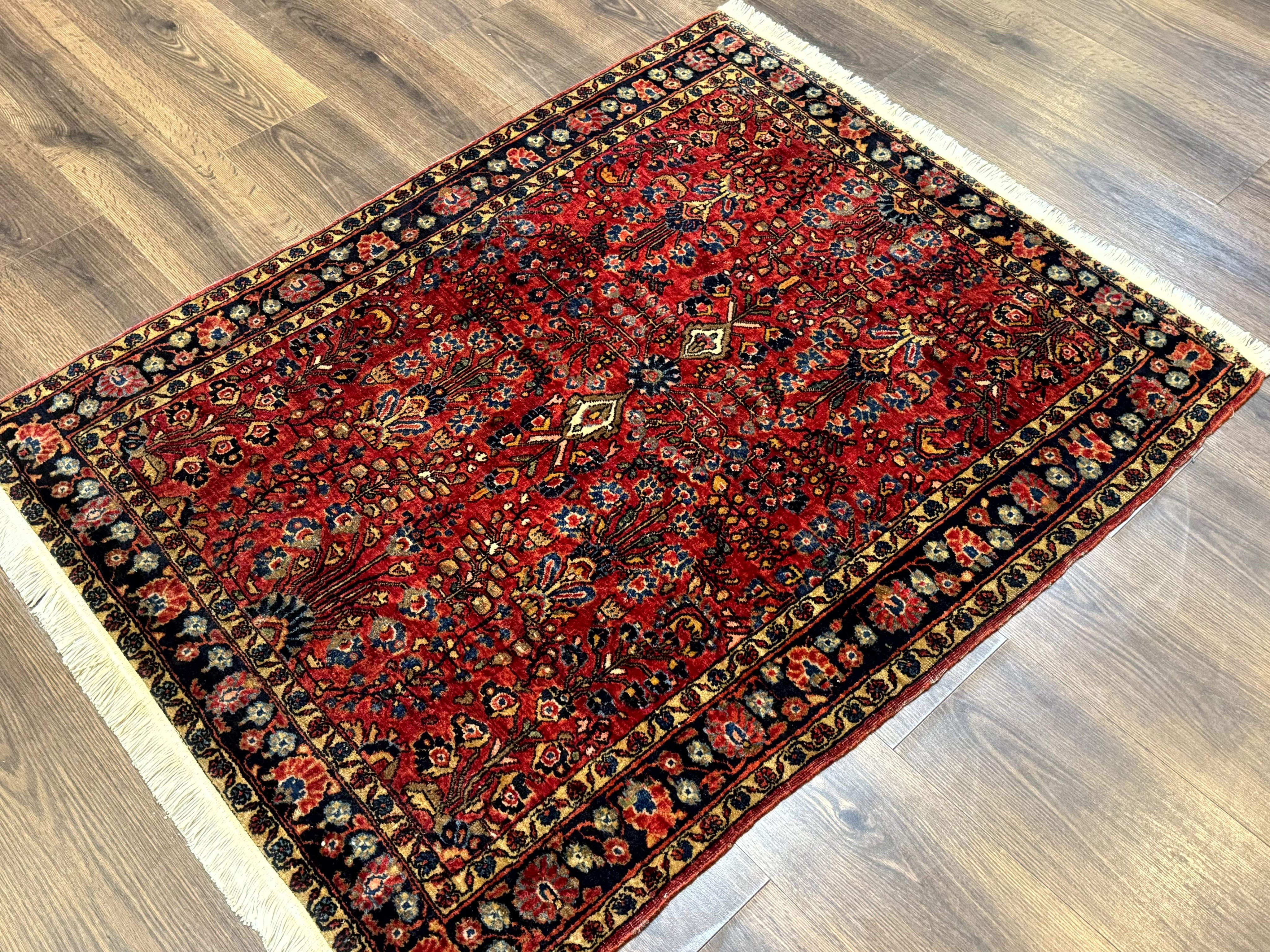 Antique Persian Sarouk Rug 3x4, Red, Floral, 1920s Wool Rug