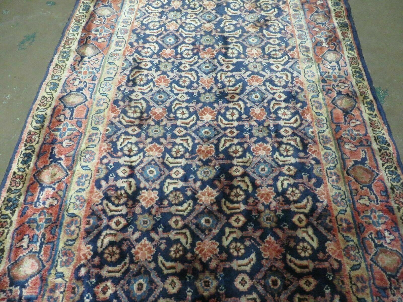 3'7" X 10' Antique Handmade India Floral Oriental Wool Runner Rug Organic Blue