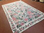 5x8 Needlepoint Rug 5' 4" x 8' 3" Wool Flat Weave Floral New Unused Carpet English Design Ivory Large Pink Flowers Green Leaves Hand-Knotted