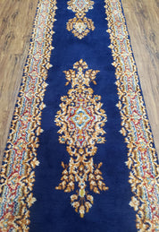 Semi Anique Dark Blue Persian Kerman Runner, 2'7" x 13'5"