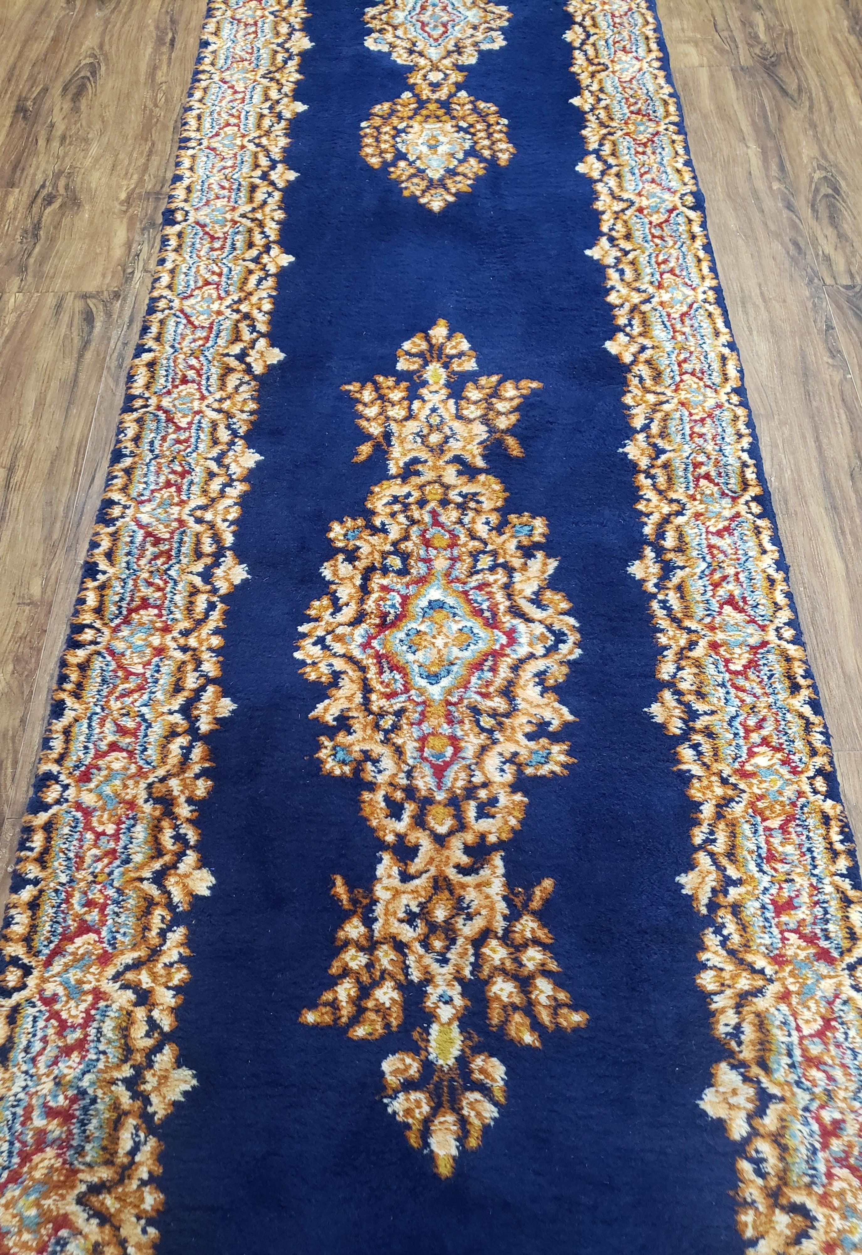 Semi Anique Dark Blue Persian Kerman Runner, 2'7" x 13'5"