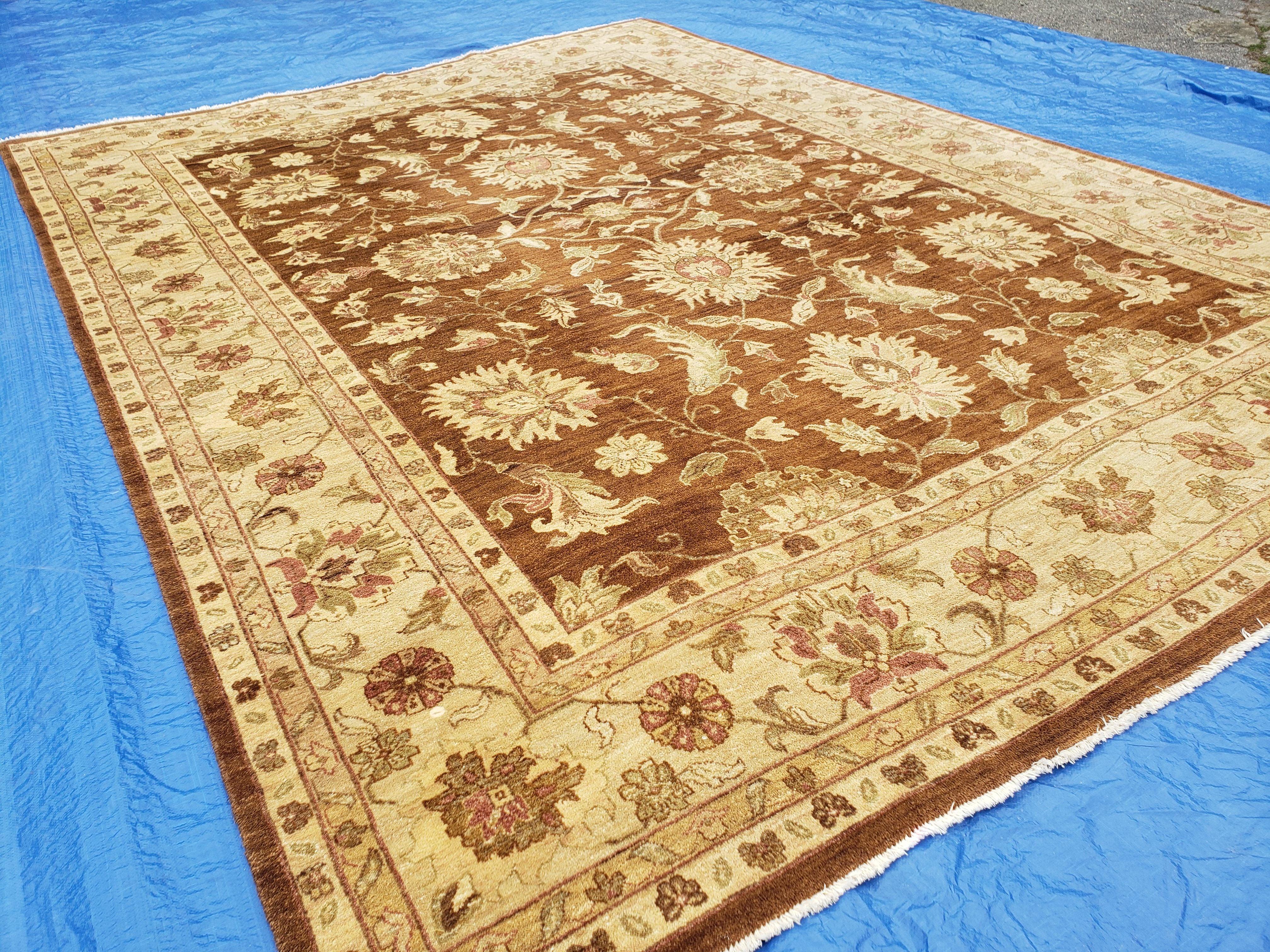 Indo Persian Rug 10x14, Mahal Sultanabad Oriental Carpet, Burnt Orange & Beige, Handmade Wool Area Rug