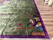 Antique Chinese Nichols Rug 9x12 - Rare Green and Purple Art Deco Carpet