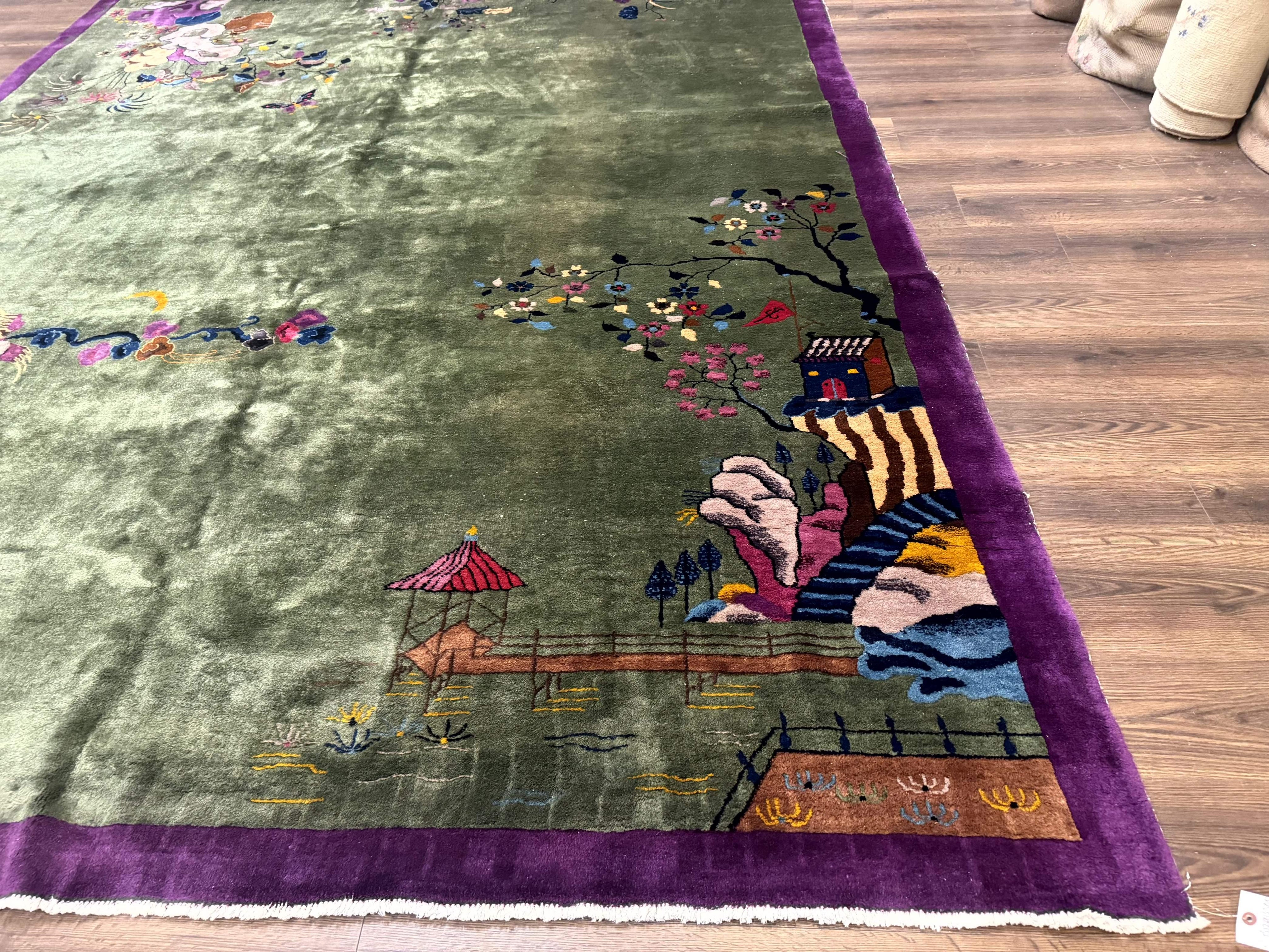 Antique Chinese Nichols Rug 9x12 - Rare Green and Purple Art Deco Carpet