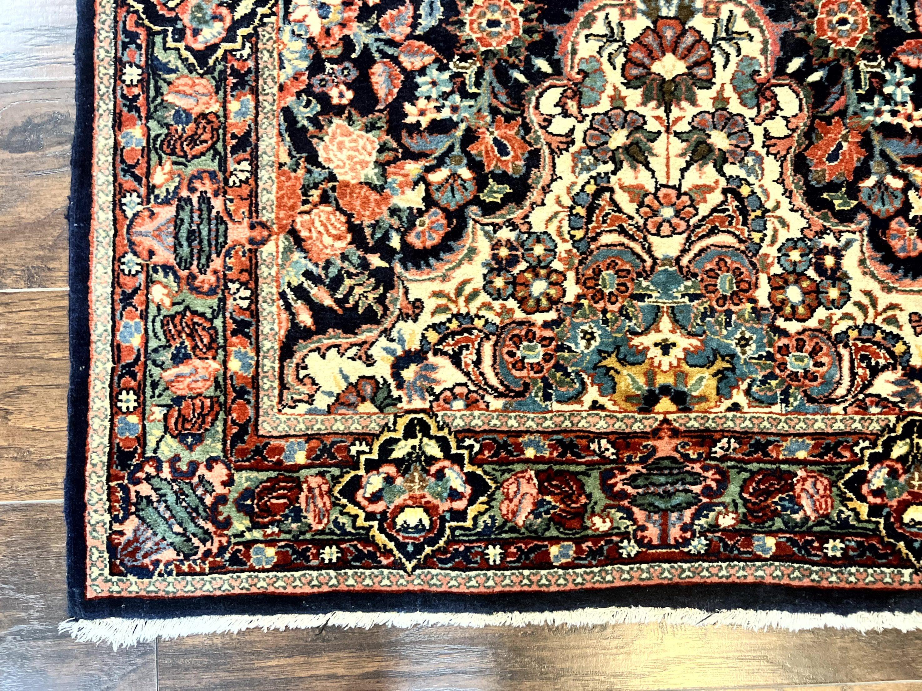 Persian Saoruk Rug 4x5, Navy Blue and Red, Floral, Antique Persian Wool Carpet, Handmade