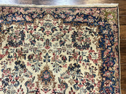 Antique Persian Kirman Rug 4x7, Cream and Navy Blue, Hand Knotted Wool Floral Carpet