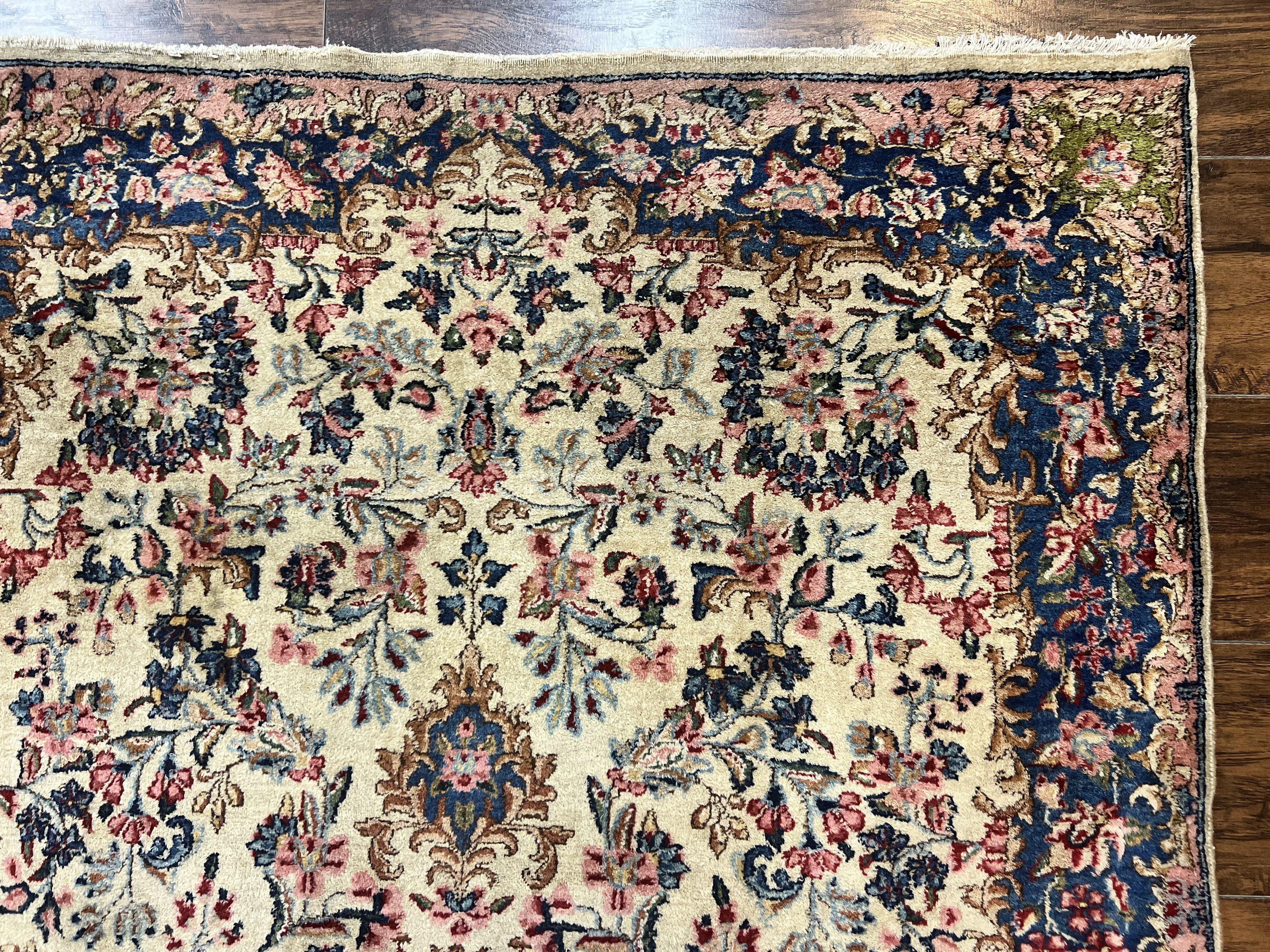 Antique Persian Kirman Rug 4x7, Cream and Navy Blue, Hand Knotted Wool Floral Carpet