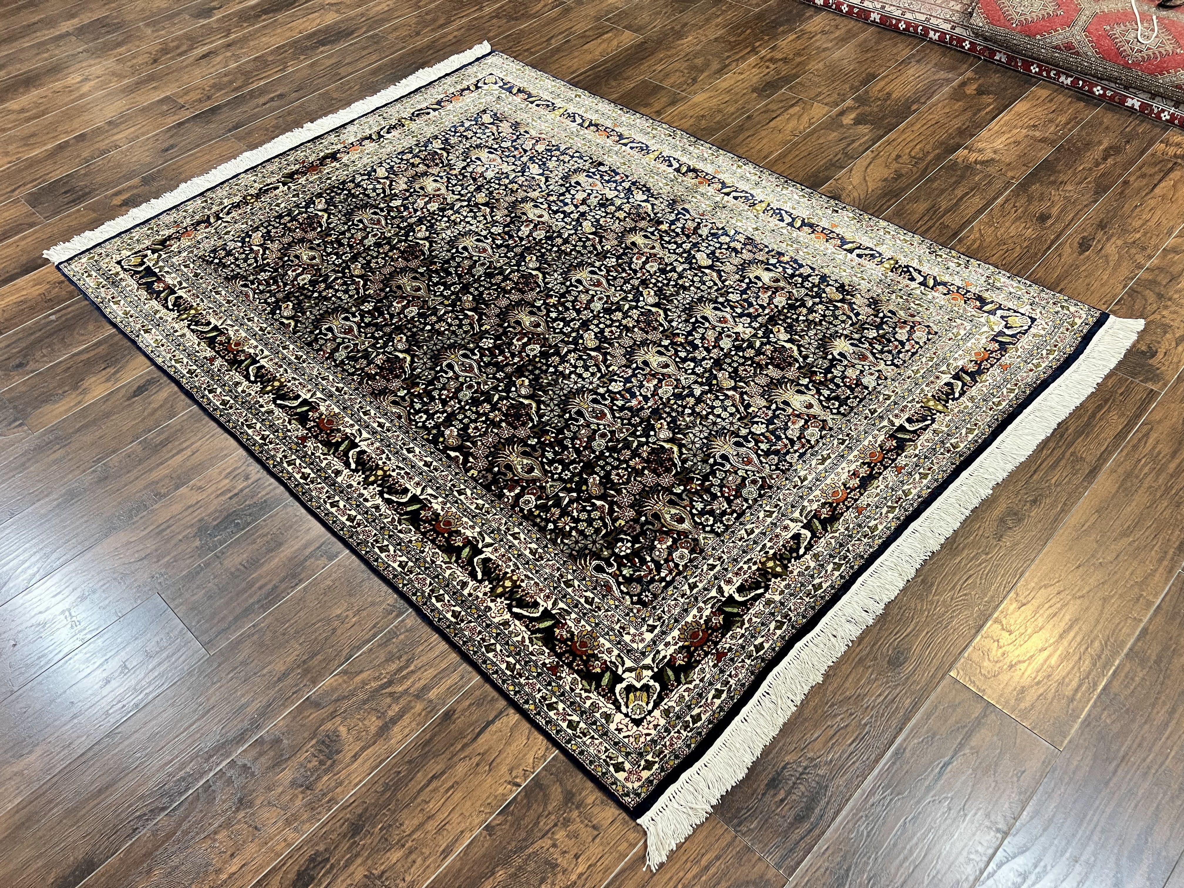 Silk Indian Kashmiri Rug 5x7, Navy Blue Indo Persian Silk Carpet 5 x 7 ft, Hand Knotted Handmade Very Fine Oriental Carpet, 450 KPSI, Birds