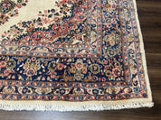 Persian Rug 9x10, Hamadan Rug, Antique Oriental Carpet, Wool Rug, Semi Open Field, Cream and Navy Blue, Kirman Design Hand Knotted Almost Square Rug