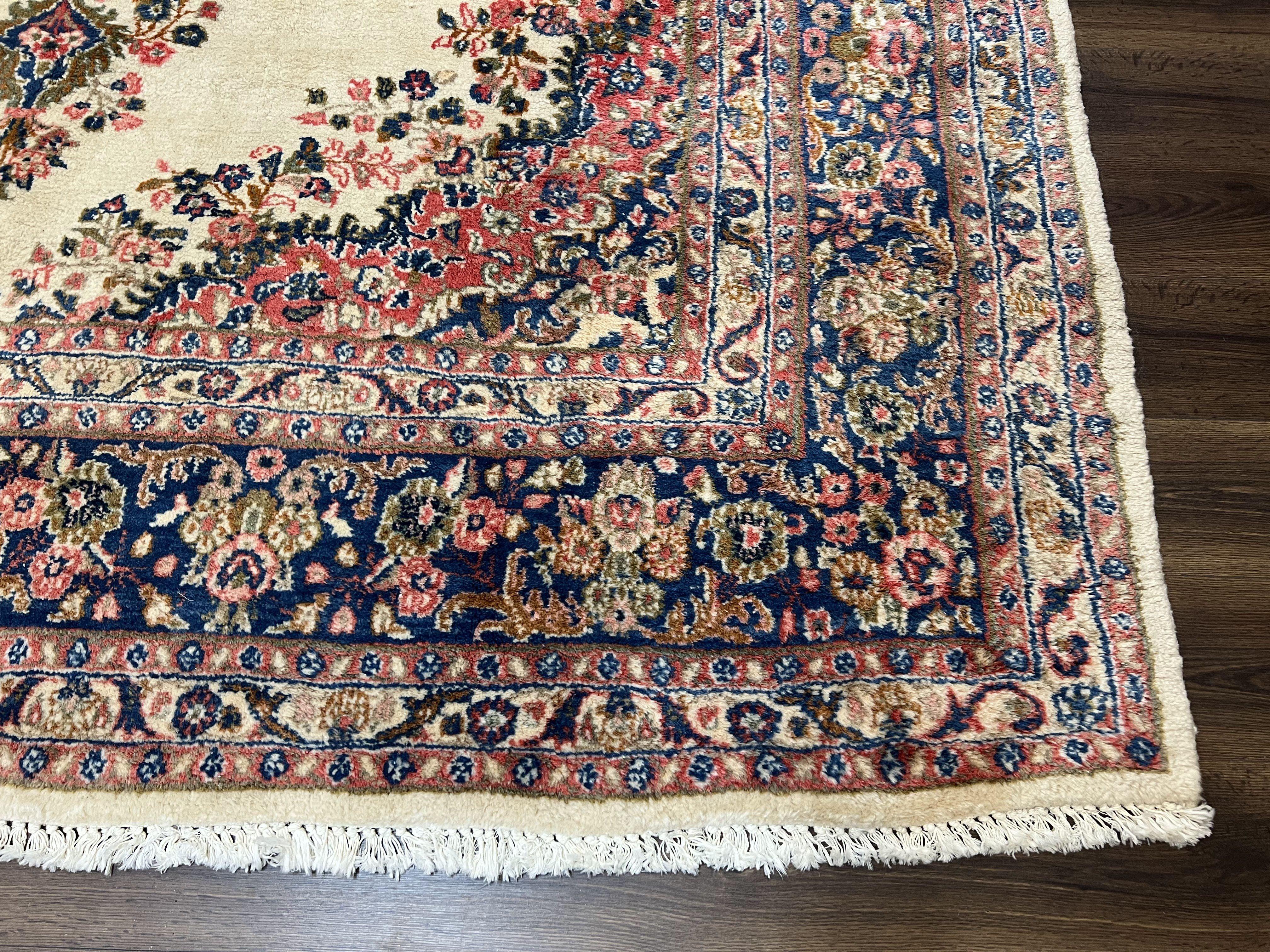 Persian Rug 9x10, Hamadan Rug, Antique Oriental Carpet, Wool Rug, Semi Open Field, Cream and Navy Blue, Kirman Design Hand Knotted Almost Square Rug