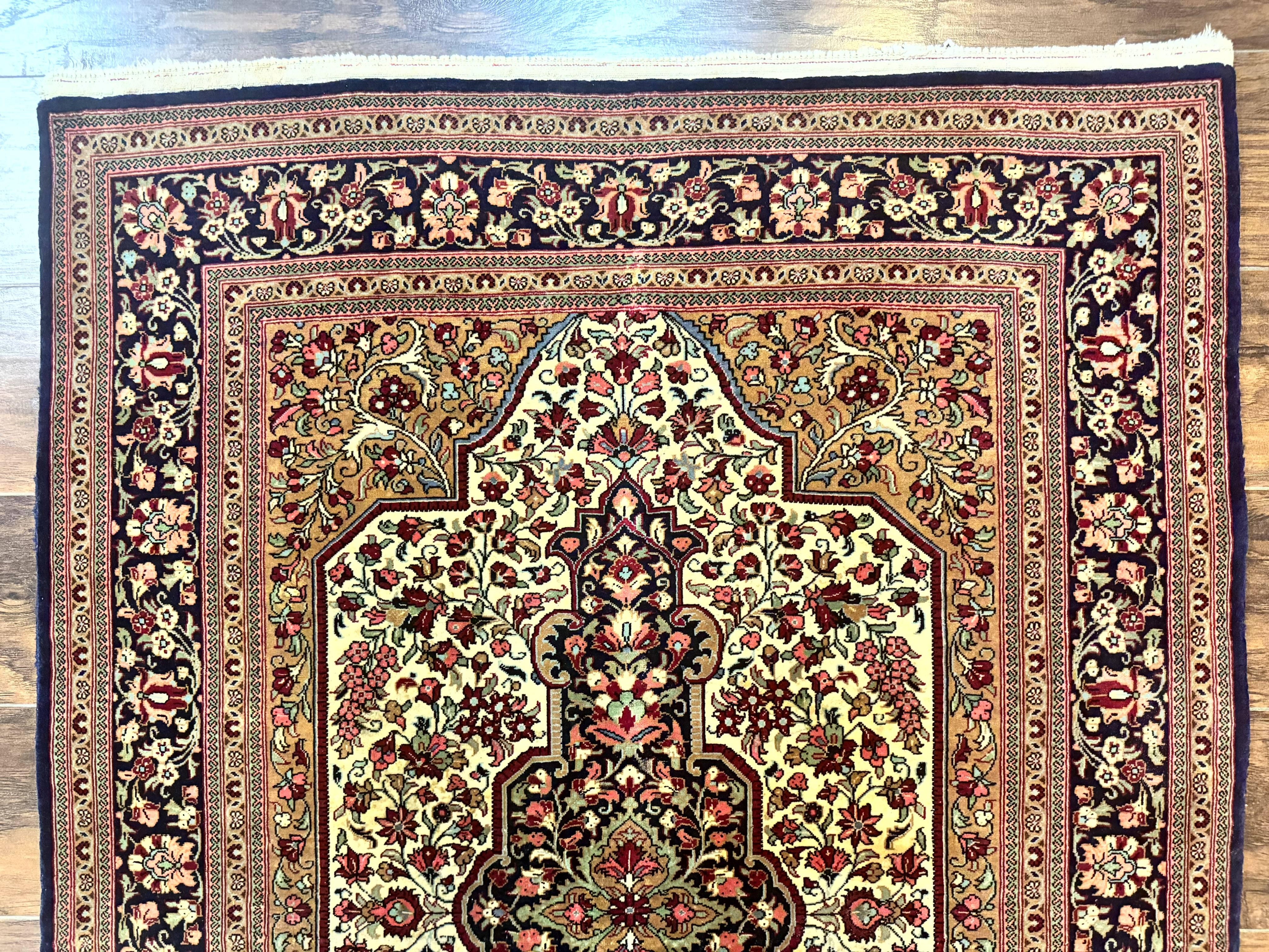 Persian Qum Rug 3.6 x 5, Kork Wool, Very Finely Hand Knotted 325 KPSI, Rare, Semi Antique