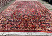 Large Antique Persian Sarouk Rug 11x18, Red, Floral Allover, Palace Size Wool Handmade Carpet