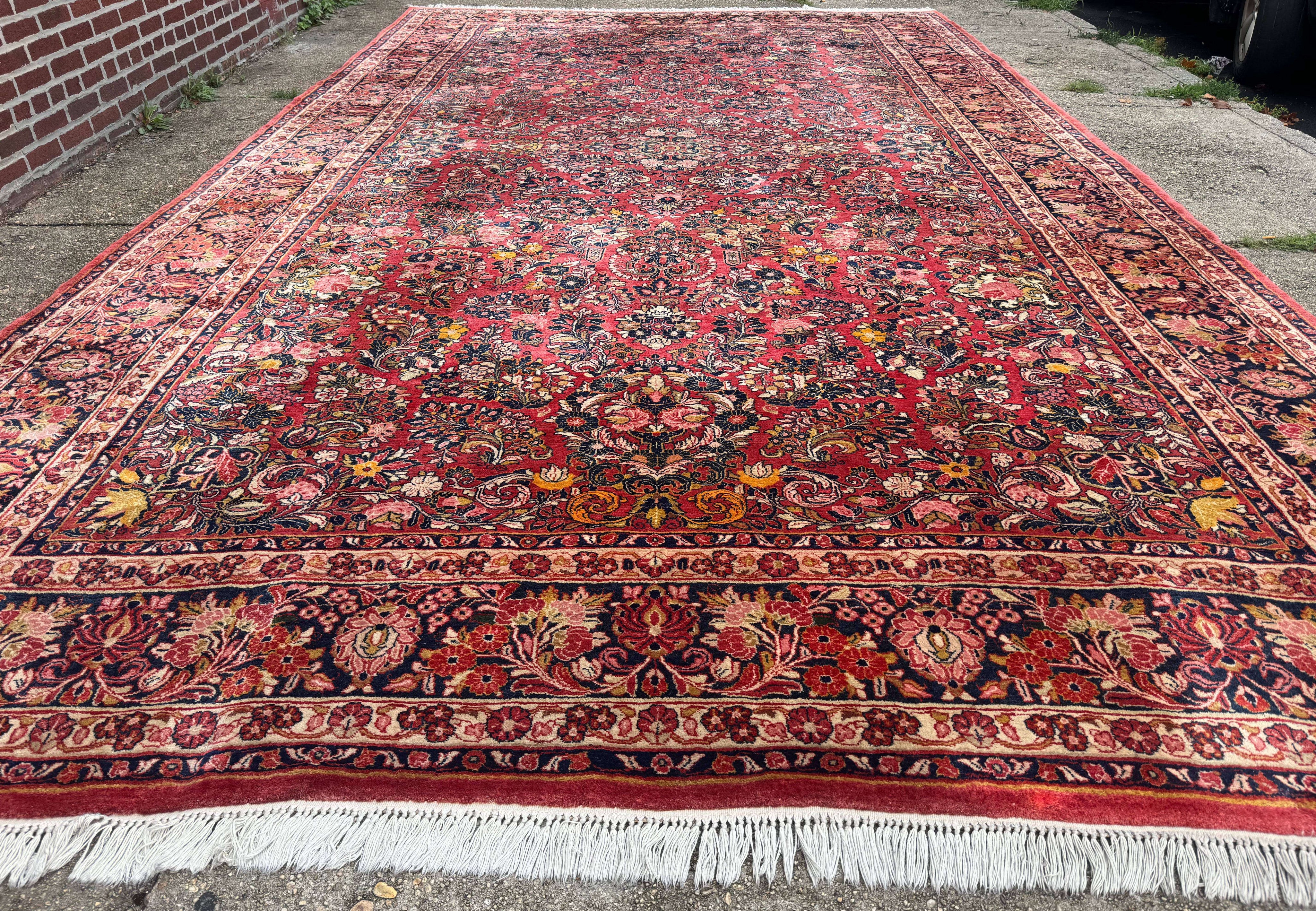 Large Antique Persian Sarouk Rug 11x18, Red, Floral Allover, Palace Size Wool Handmade Carpet