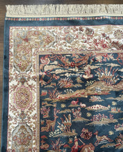 Turkish Silk Hunting Design Rug 4x6, Dark Steel Blue & Ivory, Bamboo Silk, New