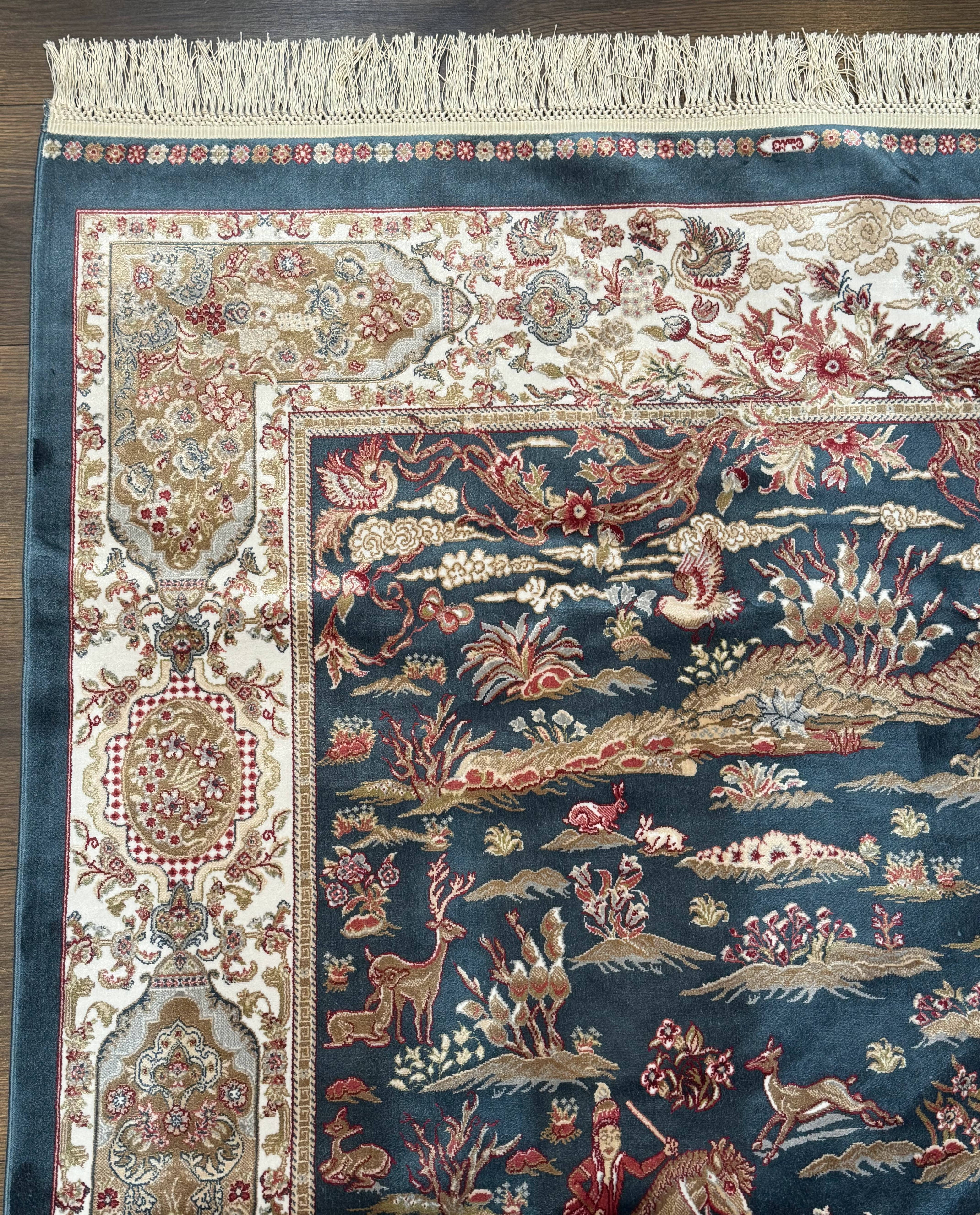 Turkish Silk Hunting Design Rug 4x6, Dark Steel Blue & Ivory, Bamboo Silk, New