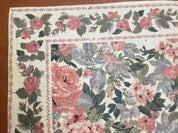5x8 Needlepoint Rug 5' 4" x 8' 3" Wool Flat Weave Floral New Unused Carpet English Design Ivory Large Pink Flowers Green Leaves Hand-Knotted