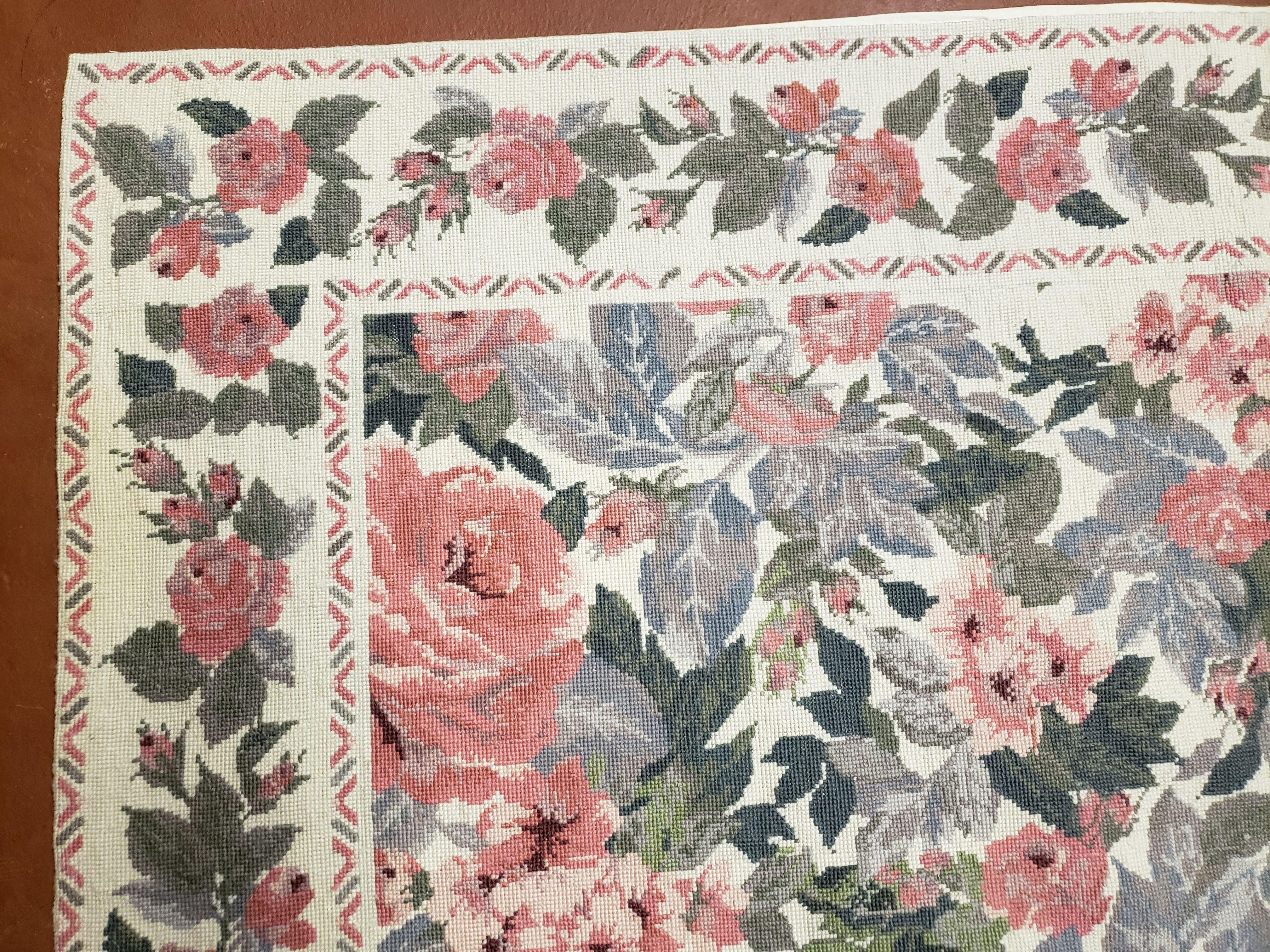5x8 Needlepoint Rug 5' 4" x 8' 3" Wool Flat Weave Floral New Unused Carpet English Design Ivory Large Pink Flowers Green Leaves Hand-Knotted