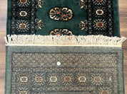Pakistani Bokhara Runner Rug 2.5 x 11, Green Turkoman Wool Runner for Hallway