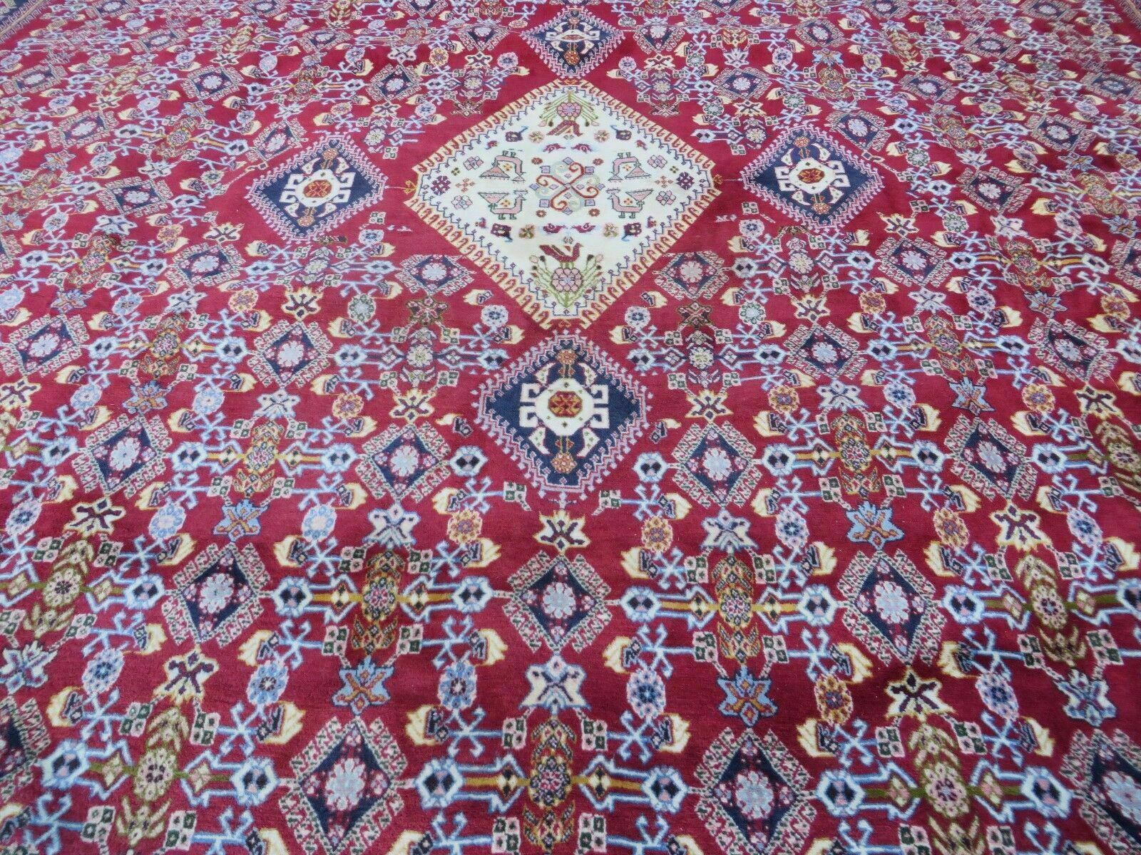 Oversized Persian Shiraz Tribal Rug 13x19, Palace Sized Oriental Carpet, Handmade Hand-Knotted X Large Rug, Red Blue Cream, Allover Herati Pattern