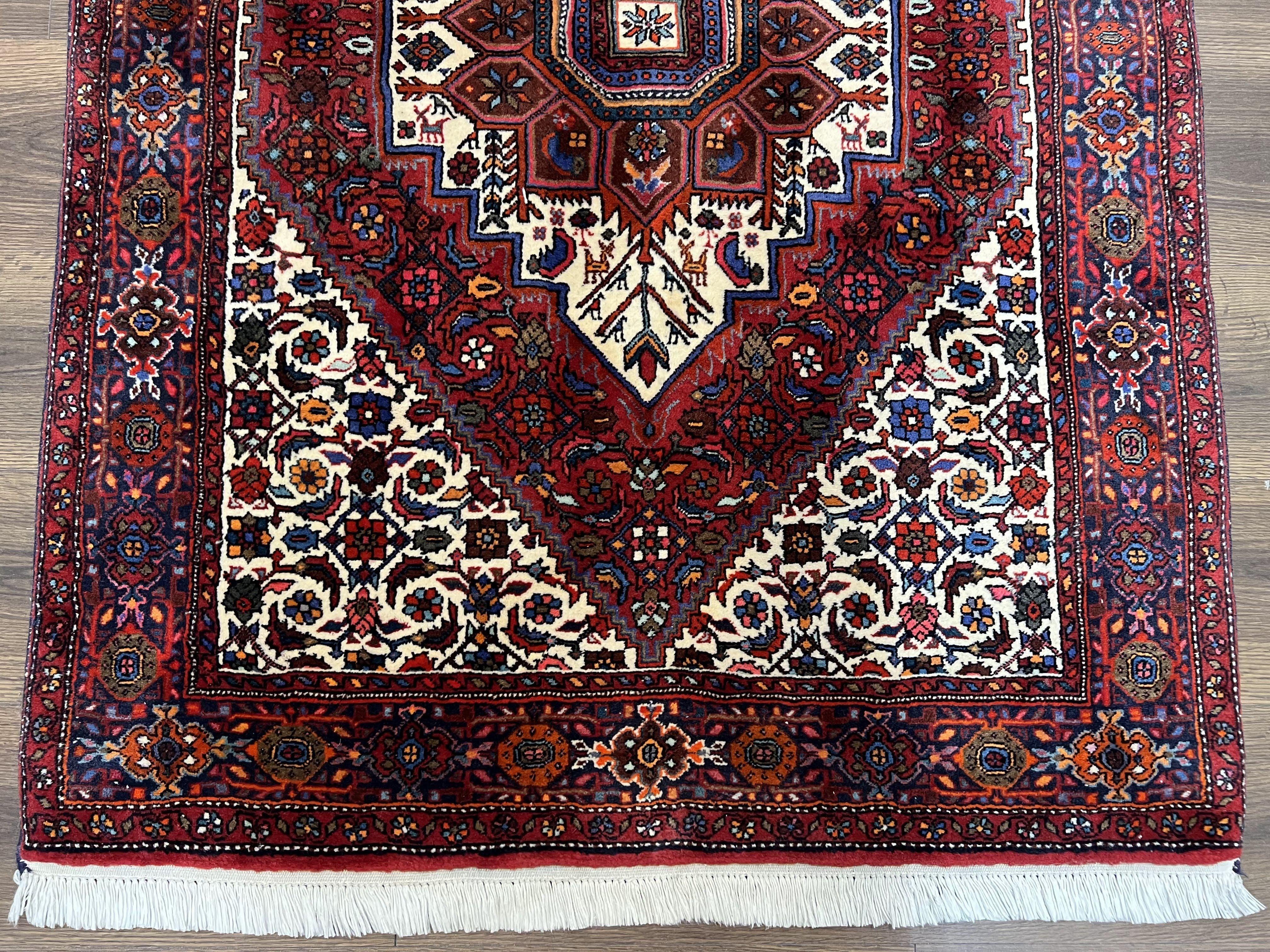 Fine Persian Bidjar Rug 3x5, Geometric Medallion Oriental Bijar Carpet 3 x 5 ft, Ruby Red and Cream, Hand Knotted Wool Rug, Semi Antique Tribal Rug, Nice