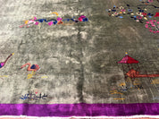 Antique Chinese Nichols Rug 9x12 - Rare Green and Purple Art Deco Carpet