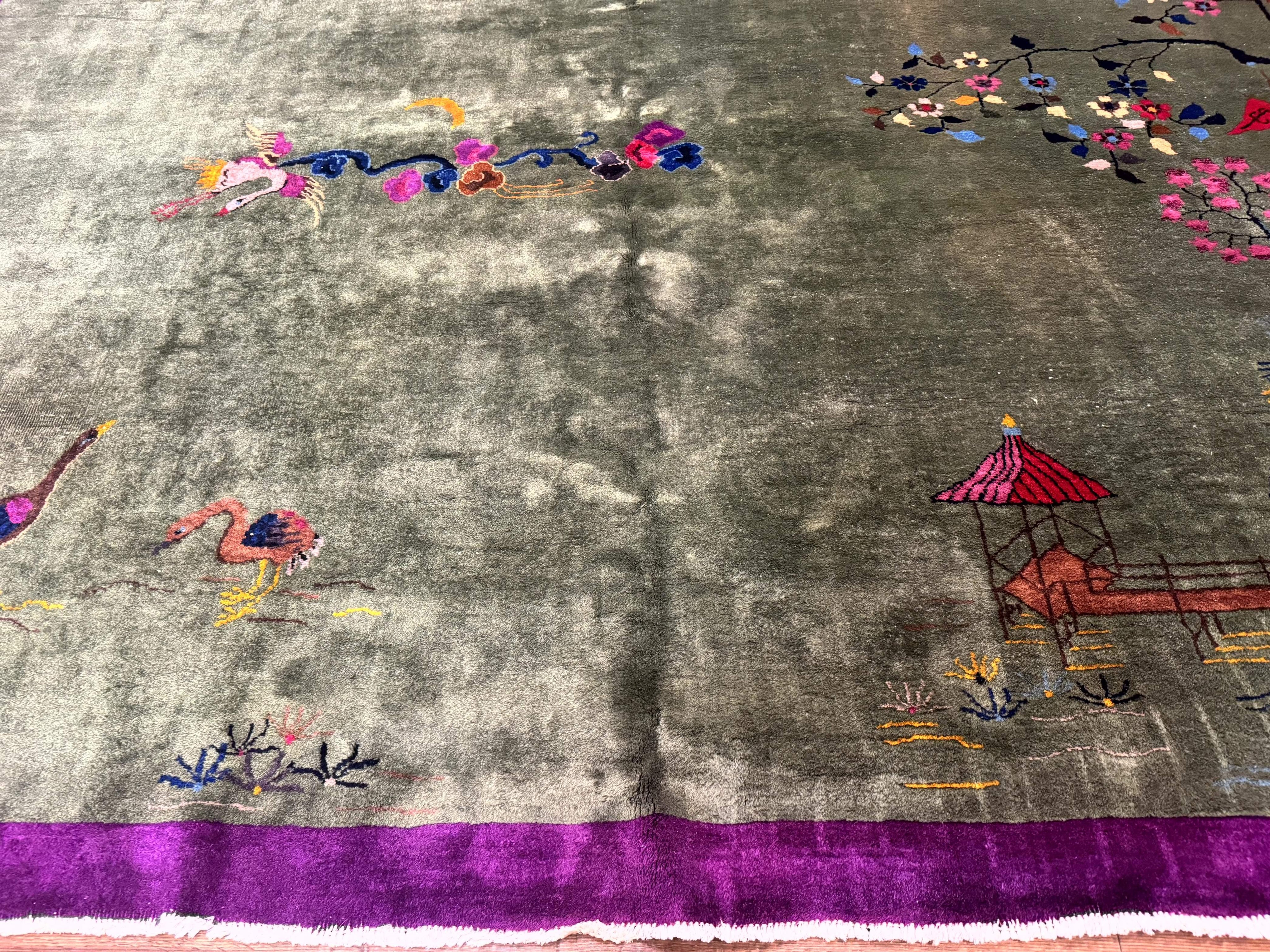 Antique Chinese Nichols Rug 9x12 - Rare Green and Purple Art Deco Carpet
