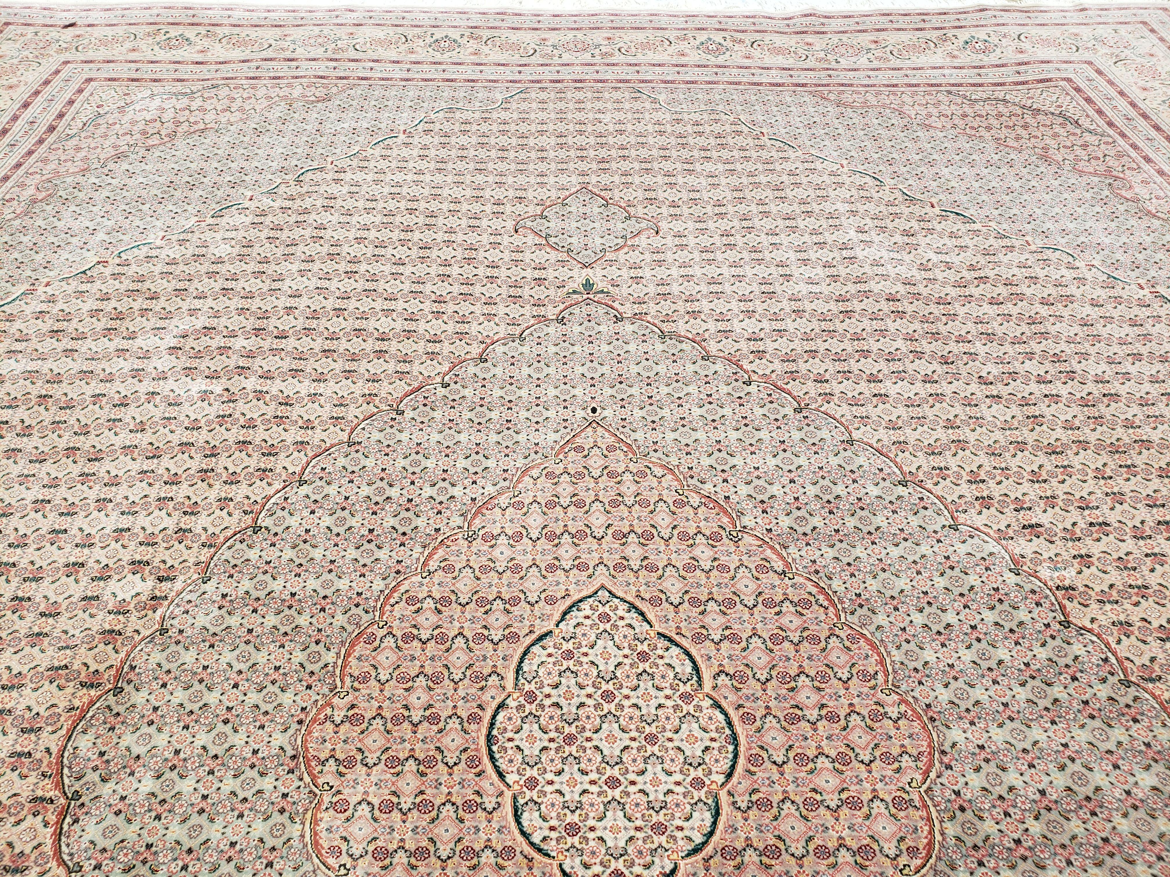 Stunning Oversized Sino Persian Oriental Rug 12x15, Hand Knotted Wool & Silk Palace Sized Carpet, Mahi Pattern, Very Fine, Peach Beige, Wow