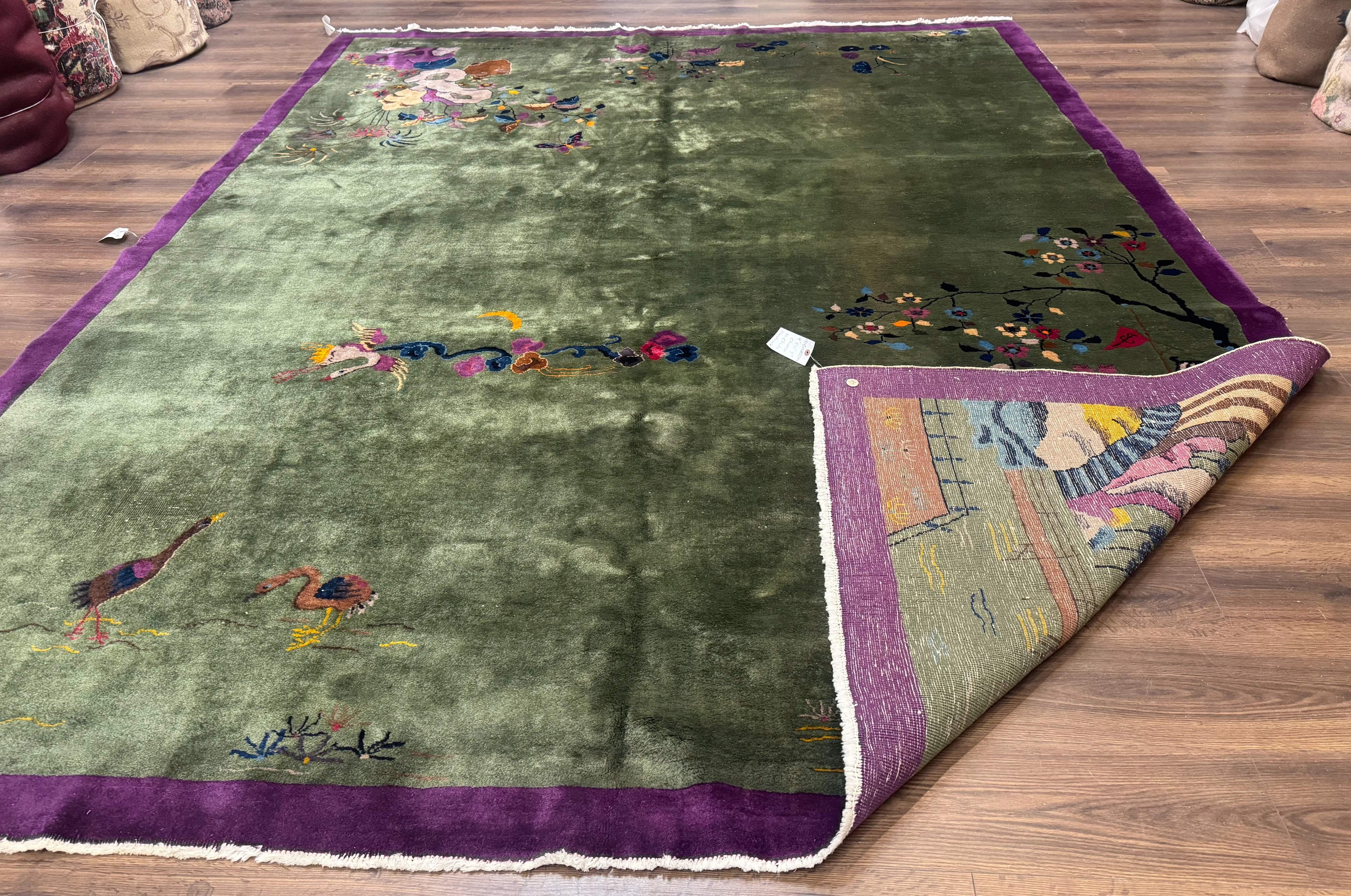 Antique Chinese Nichols Rug 9x12 - Rare Green and Purple Art Deco Carpet