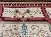 Needlepoint Rug 7.9 x 9, Beige Maroon Rose, Handmade Handwoven Flatweave Aubusson Savonnerie French European Elegant Carpet, Wool Rug