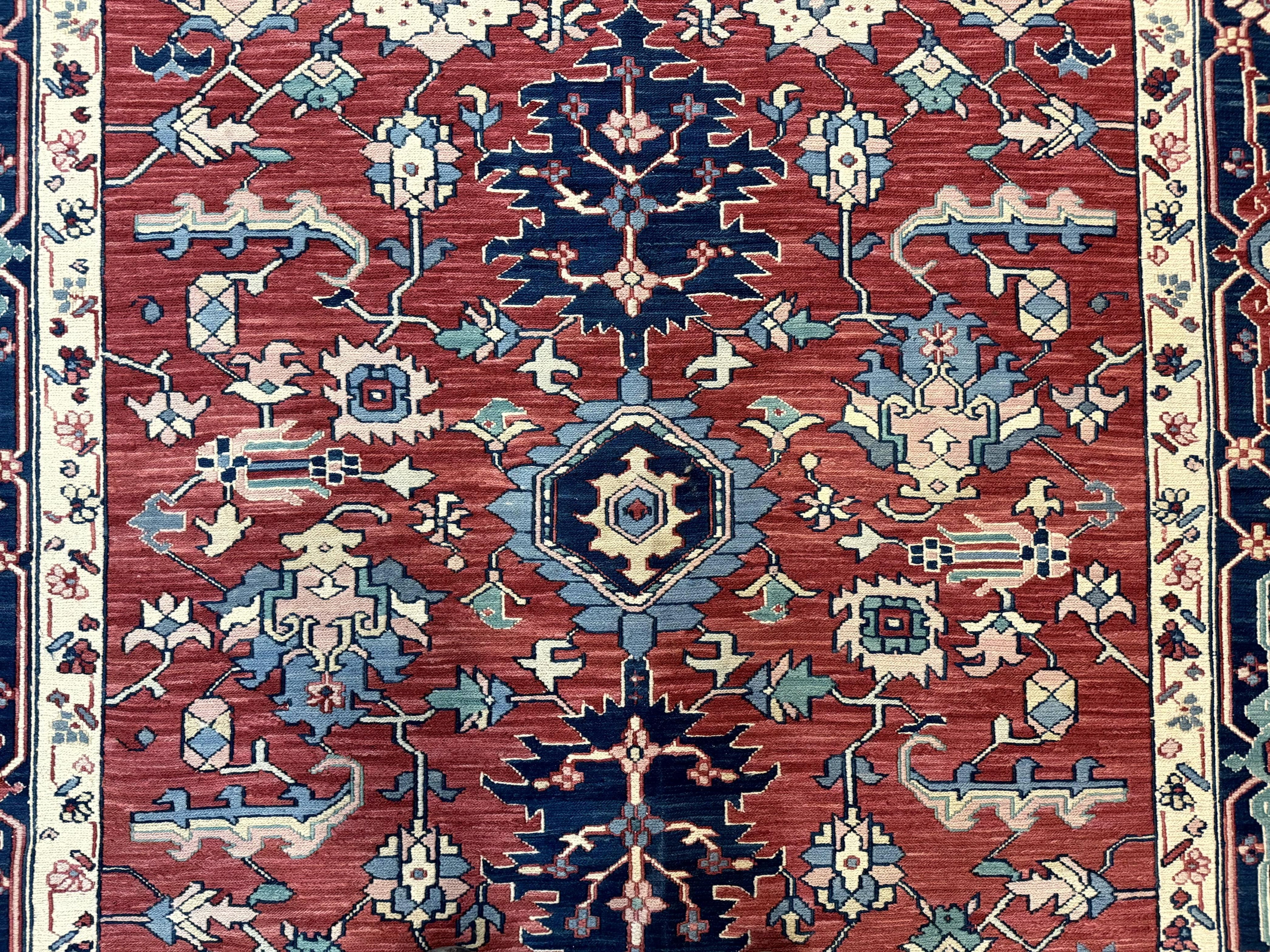 Turkish Flatweave Rug 6x9, Heriz Design, Red and Blue