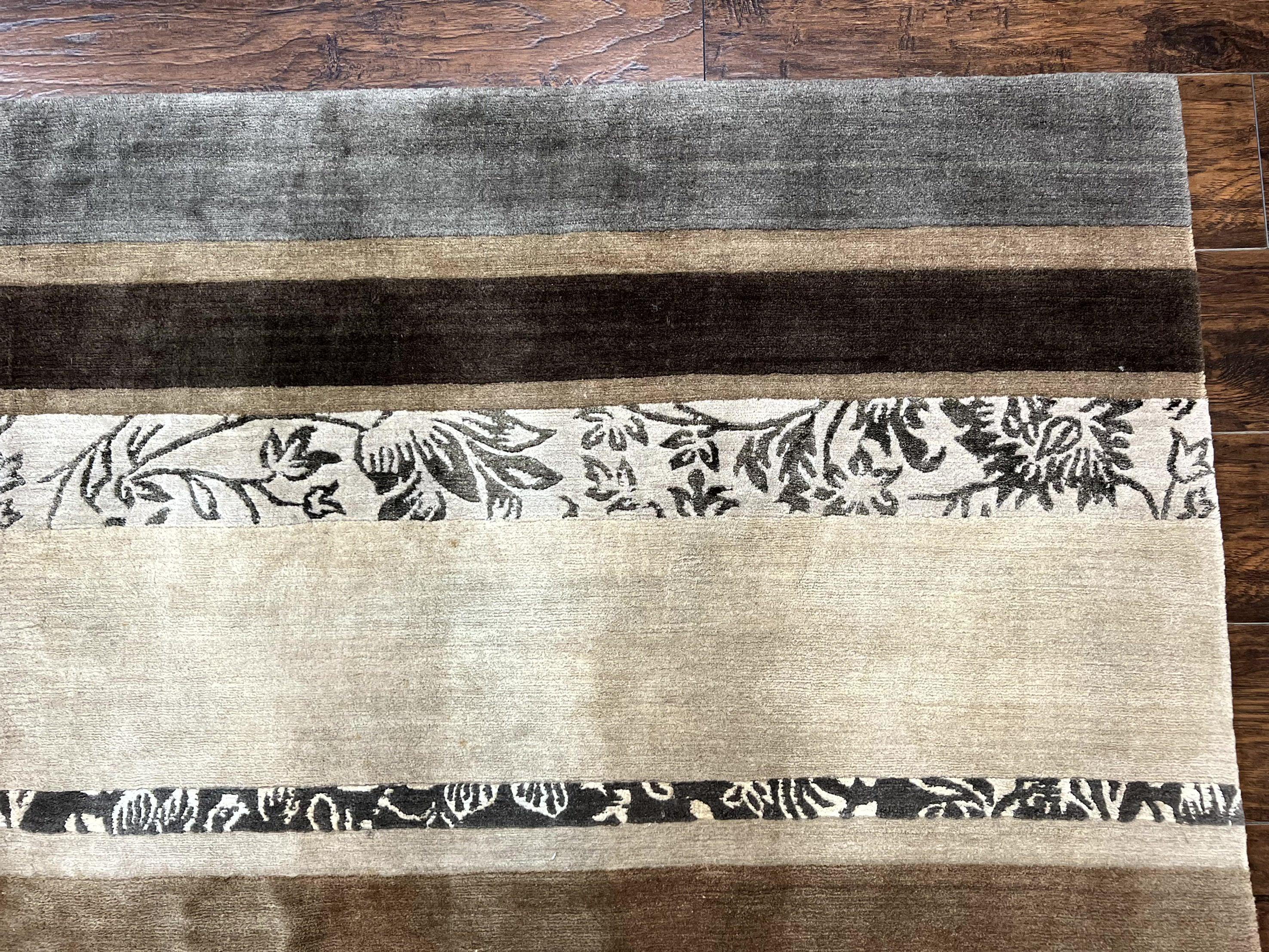 Modern Tibetan Nepali Rug 8x12, Stripe Pattern, Wool with Silk Highlights, Handmade, Beige Tan Brown