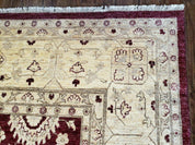 Pakistani Peshawar Rug 10x14, Handmade Chobi Carpet, Maroon & Beige