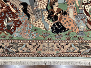 Indo Persian Pictorial Rug 4x7, Handmade Hand Knotted Wool Semi Antique Horizontal Carpet, Men & Women Drinking, Fine Rug, Bird Pictorials