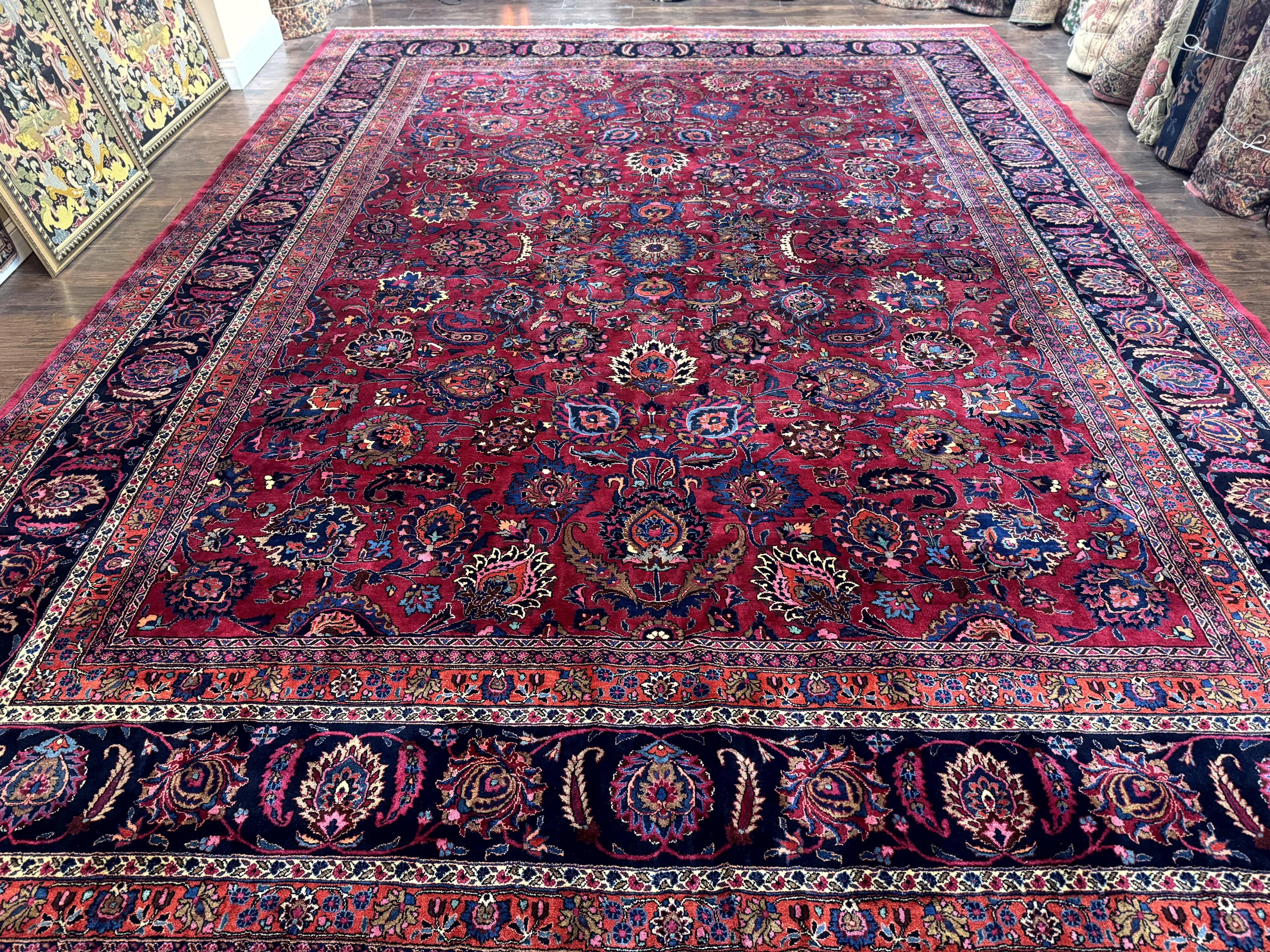 Palace Size Persian Mashad Rug 12x16, Raspberry and Navy Blue, Signature from Master Weaver, Antique Handmade Large Wool Carpet