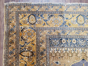 Rare Turkish Ghiordes Prayer Rug 4 x 5.8 ft, Late 19th Century Turkish Oriental Carpet, Mehrab Antique Prayer Rug, Museum Quality, Blue, Tan