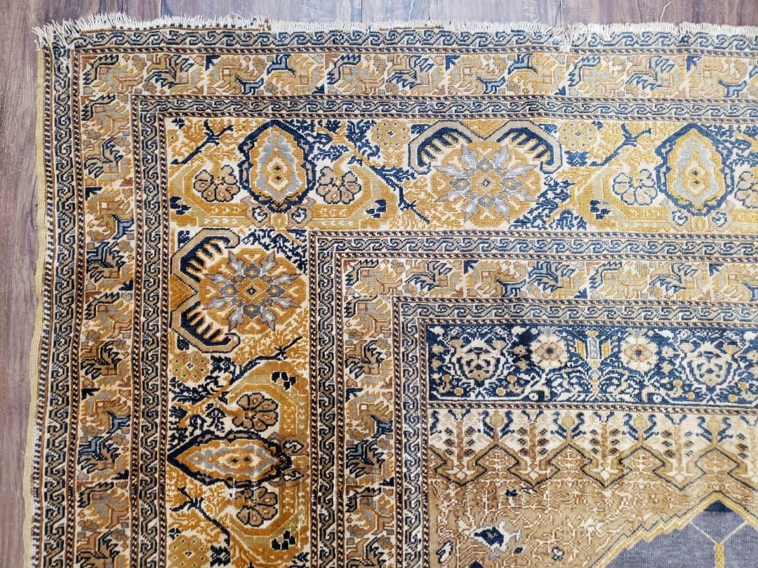 Rare Turkish Ghiordes Prayer Rug 4 x 5.8 ft, Late 19th Century Turkish Oriental Carpet, Mehrab Antique Prayer Rug, Museum Quality, Blue, Tan