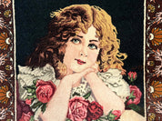 Small Persian Tabriz Pictorial Rug of Young Girl, Very Fine 380 KPSI, Portrait of Young Lady with Roses, Handmade, Persian Rug for Wall Hanging