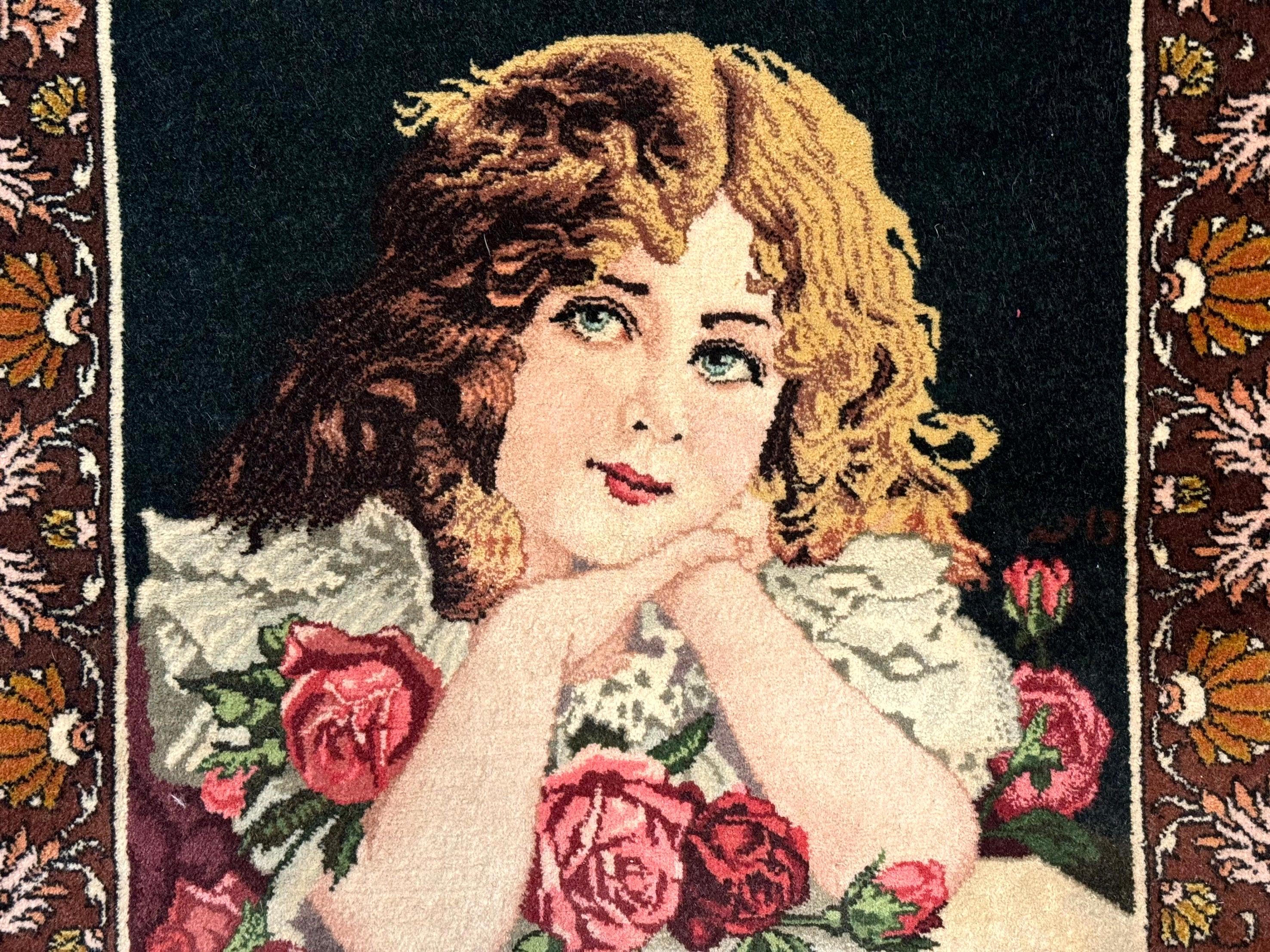 Small Persian Tabriz Pictorial Rug of Young Girl, Very Fine 380 KPSI, Portrait of Young Lady with Roses, Handmade, Persian Rug for Wall Hanging