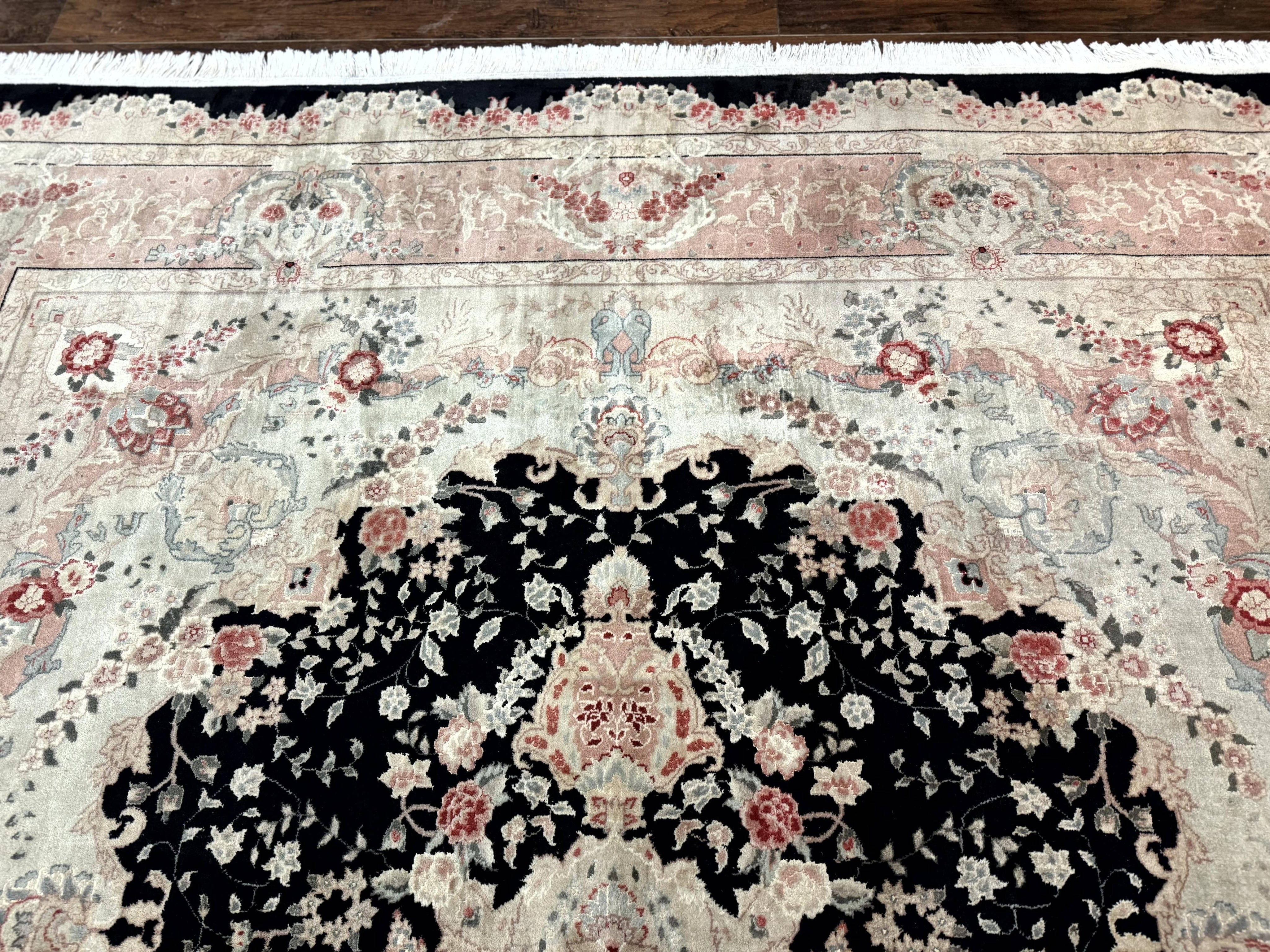Pak Persian Tabriz Rug 8.6 x 11.6, Black Pink, Traditional Elegant Formal Oriental Carpet, Dining Room Rug, Fine 225 KPSI