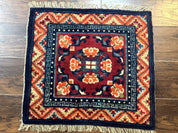 Small Antique Chinese Square Rug 2x3, Tibetan Rug, Red Orange Blue, 1920s Rug