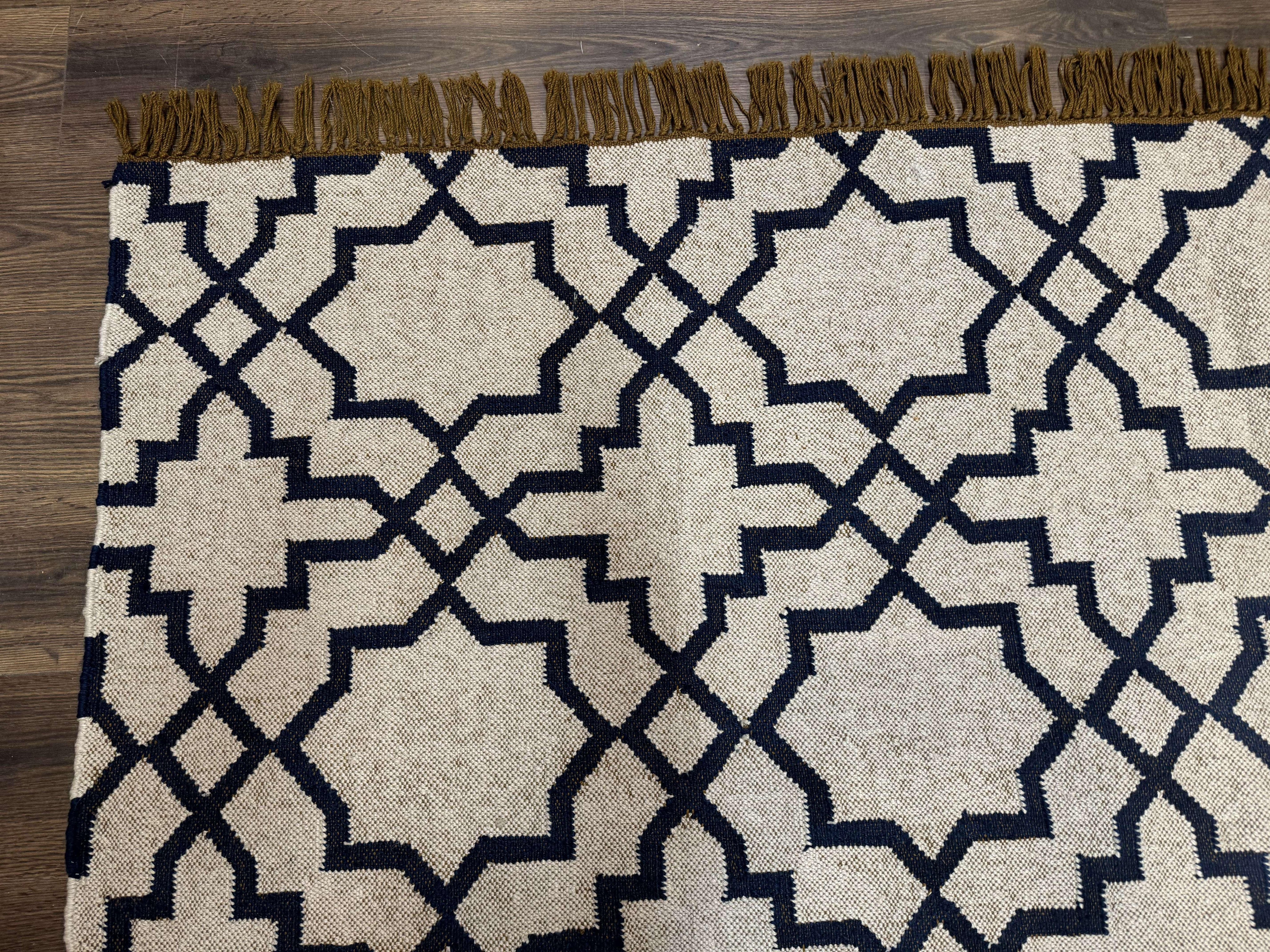 Indian Kilim Rug 8x10, Oat and Navy Blue, Dhurrie Carpet, Handmade, Wool