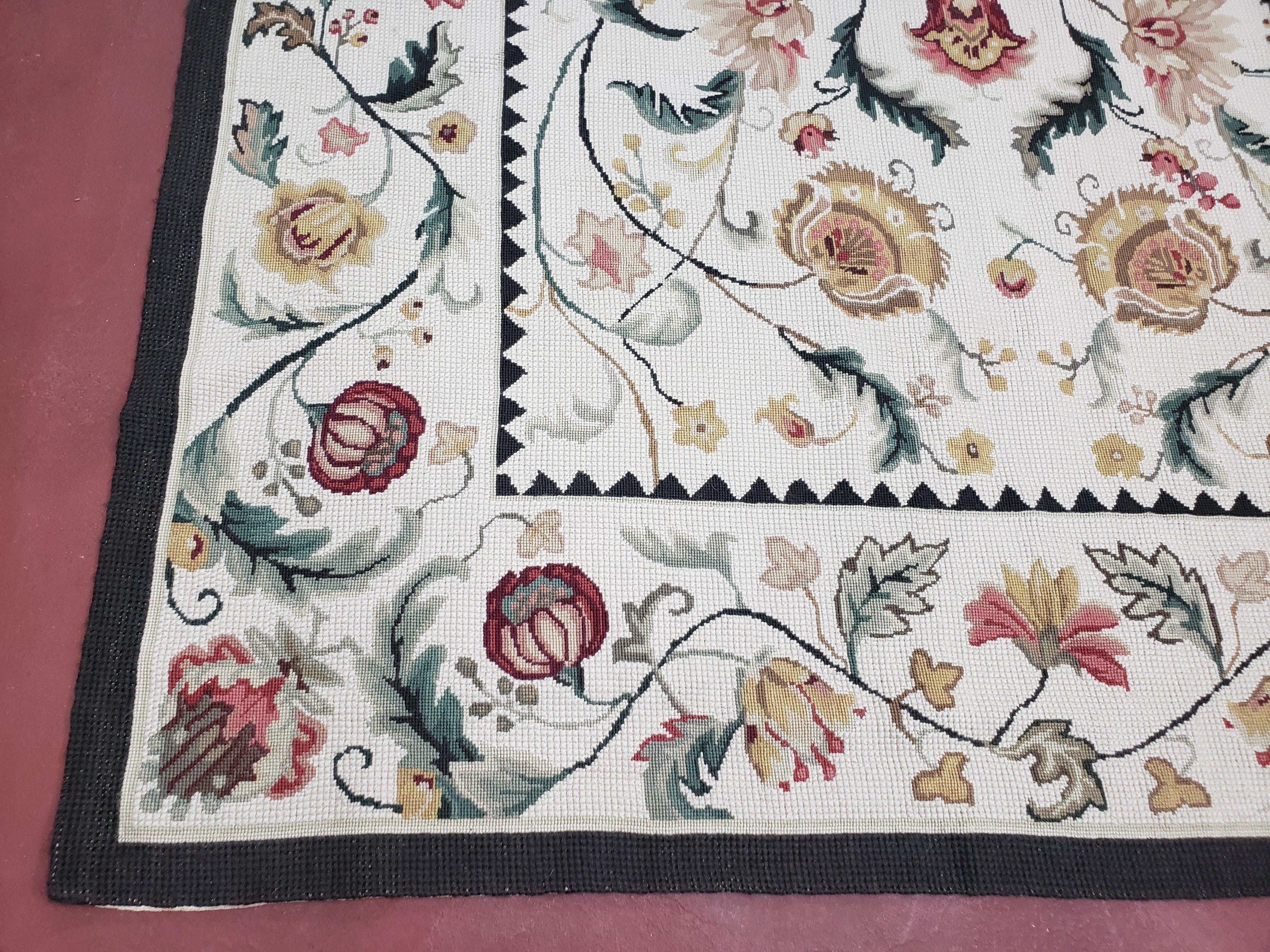 New Needlepoint Rug 9x12, Hand Woven Wool Area Rug, Flatweave Carpet, Handmade Chinese Needlepoint, Floral European Design, Ivory Background
