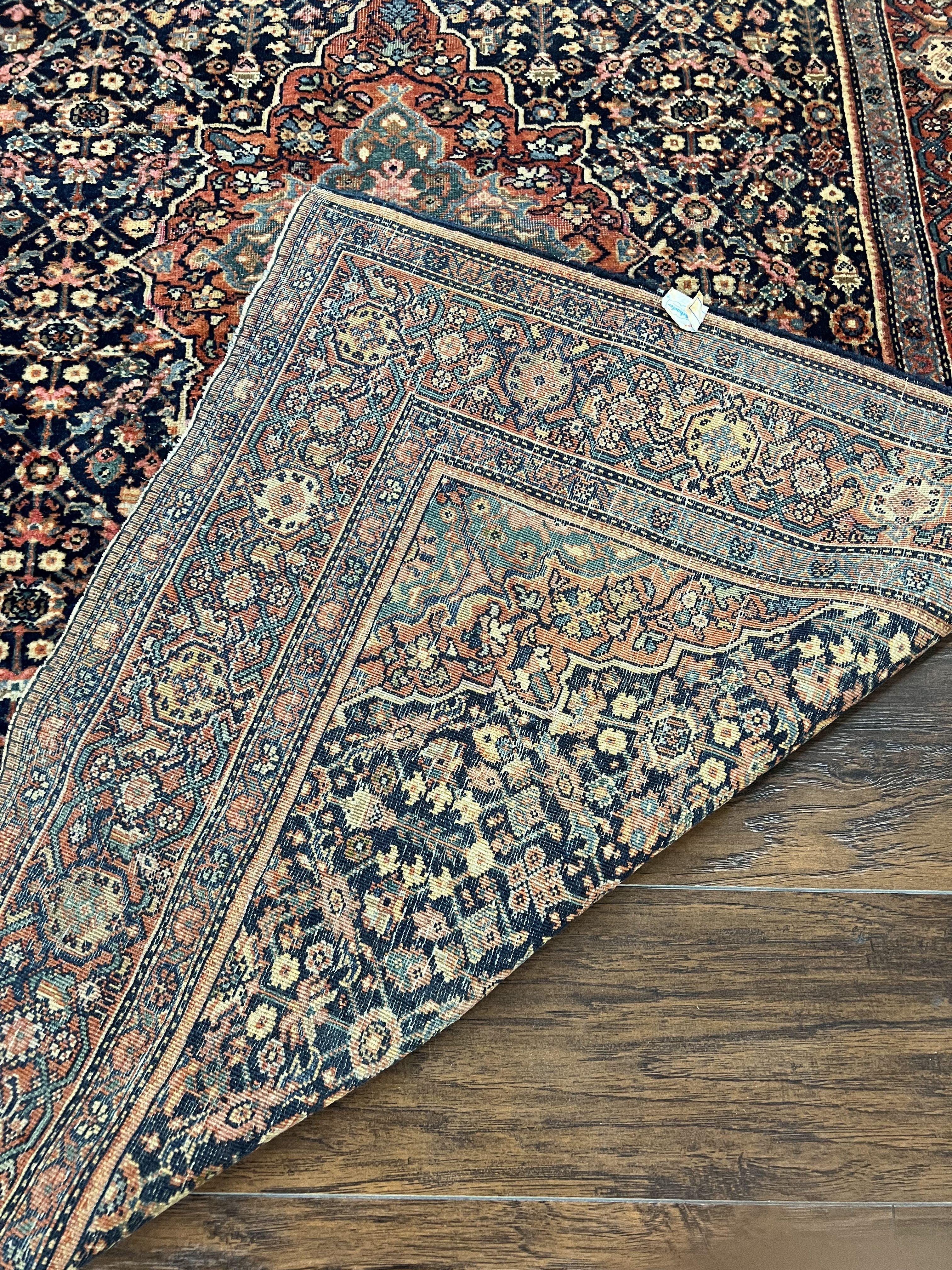 Persian Rug 4x7 Antique Sarouk Farahan Carpet, Navy Blue and Red Wool Rug