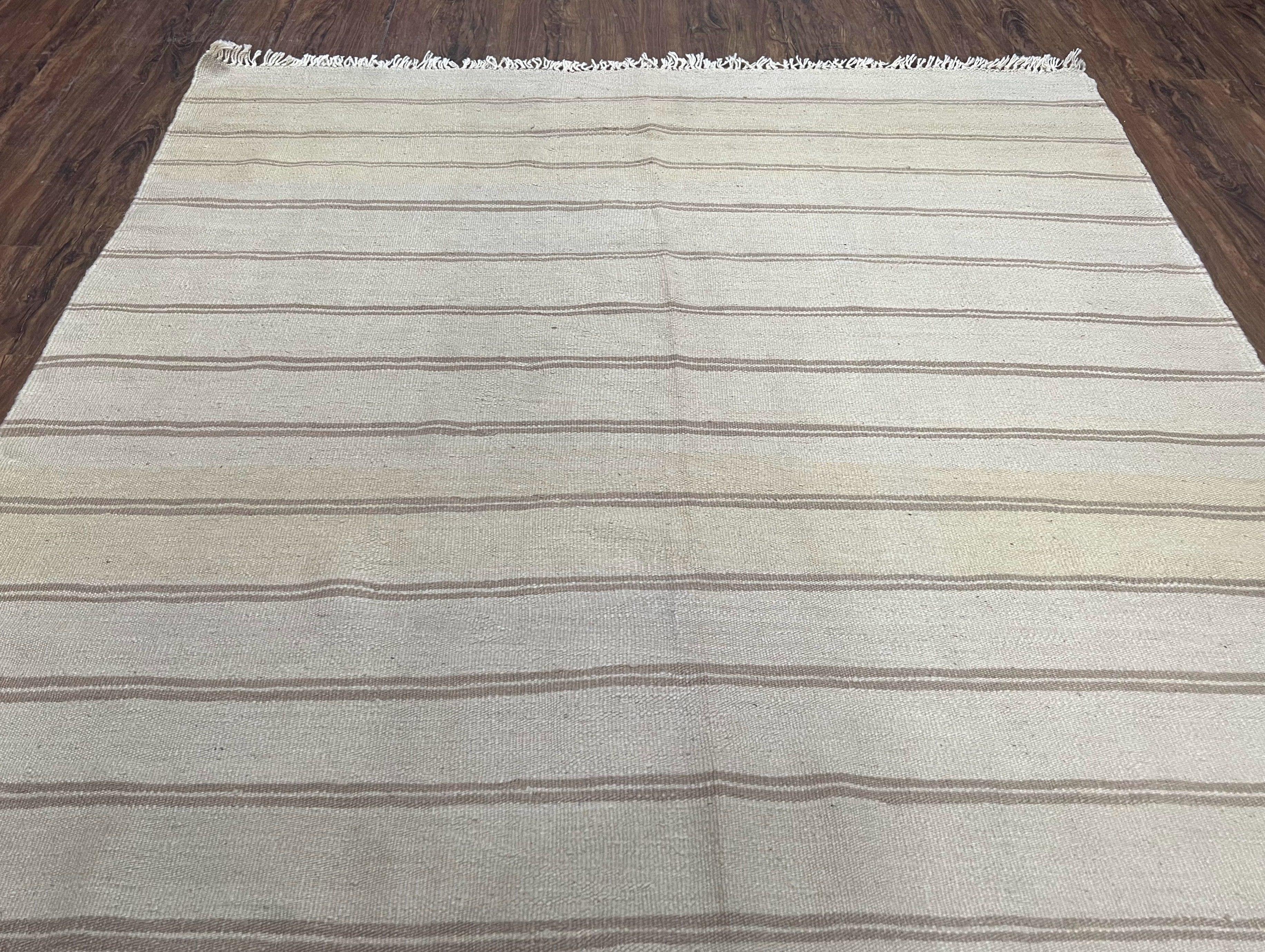 New Turkish Kilim Rug 5x8 Flatweave Carpet, Bohemian Rug, Contemporary Rug, Hand Woven, Wool Area Rug, Gray and Taupe, Striped Pattern
