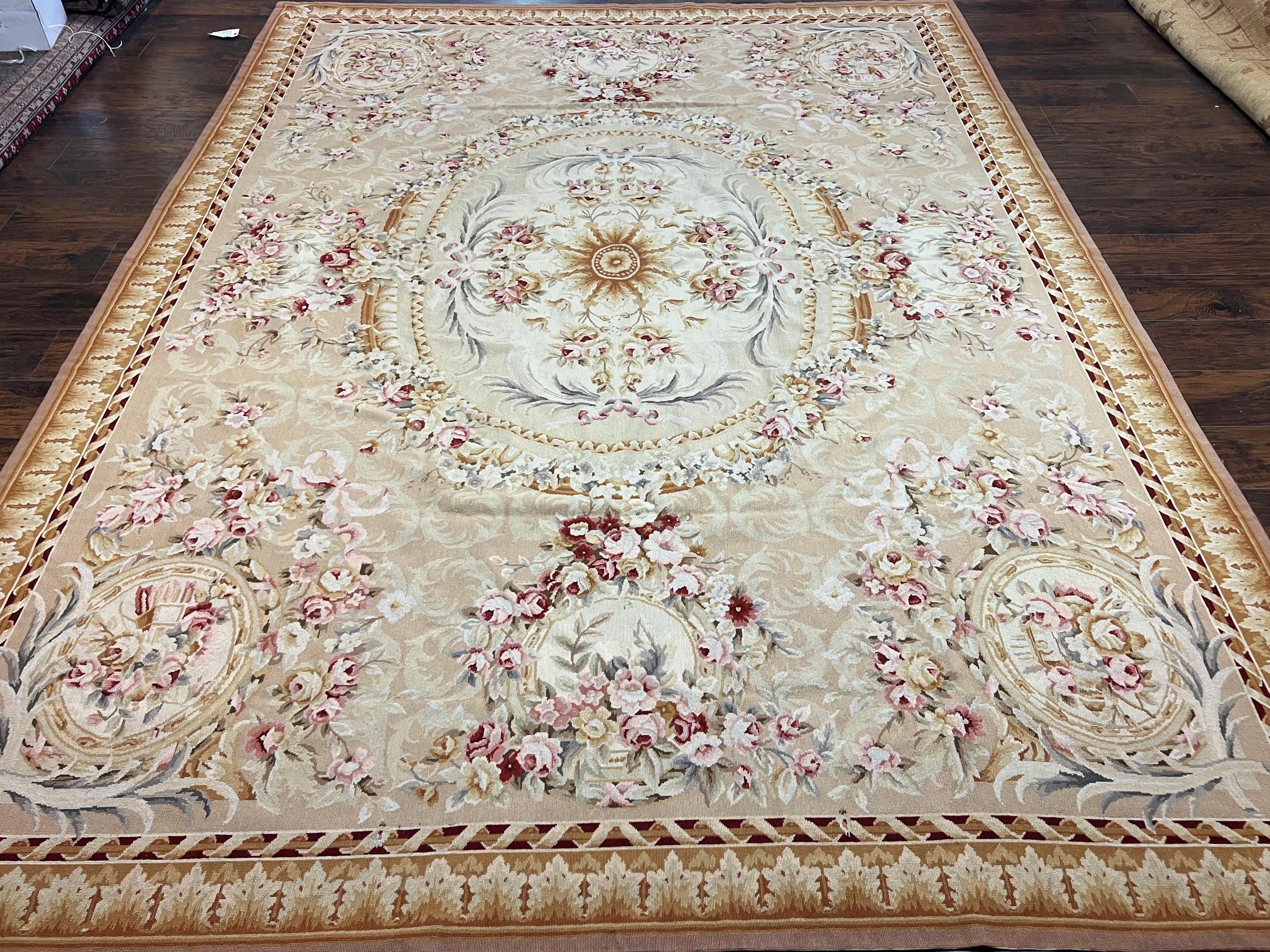 Aubusson Rug 9x12, Elegant Savonnerie Carpet 9 x 12 ft, Beige Ivory Tan, Floral, Flatweave Wool Handmade Area Rug 9 x 12 ft, European French